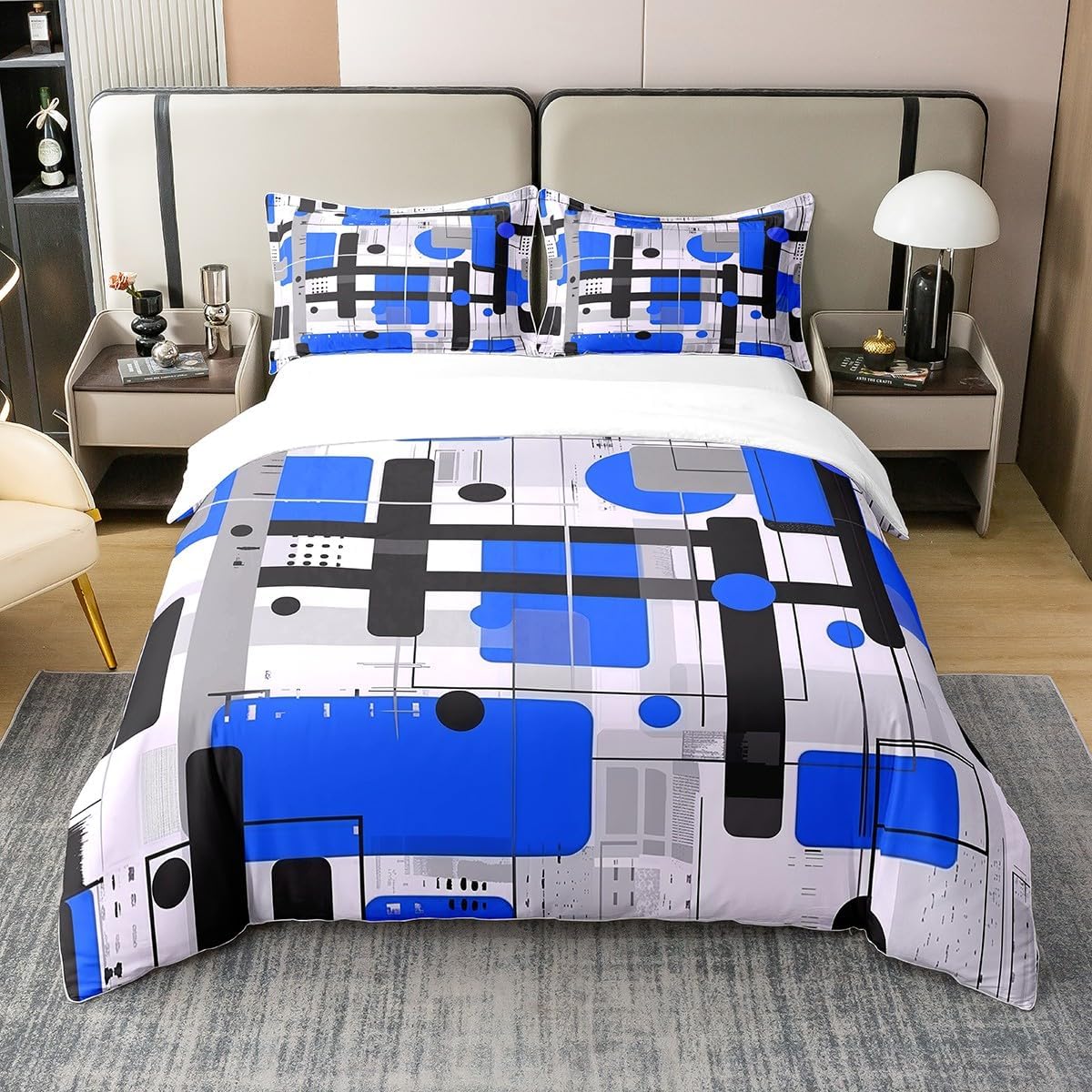 3 Pieces Geometric Duvet Cover 100% Nature Cotton Queen,Watercolor 3D Geometric Graffiti Modern Style Comforter Cover,Blue Blacke Grey Lines Fashion Super Soft Bedding (Not Comforter)