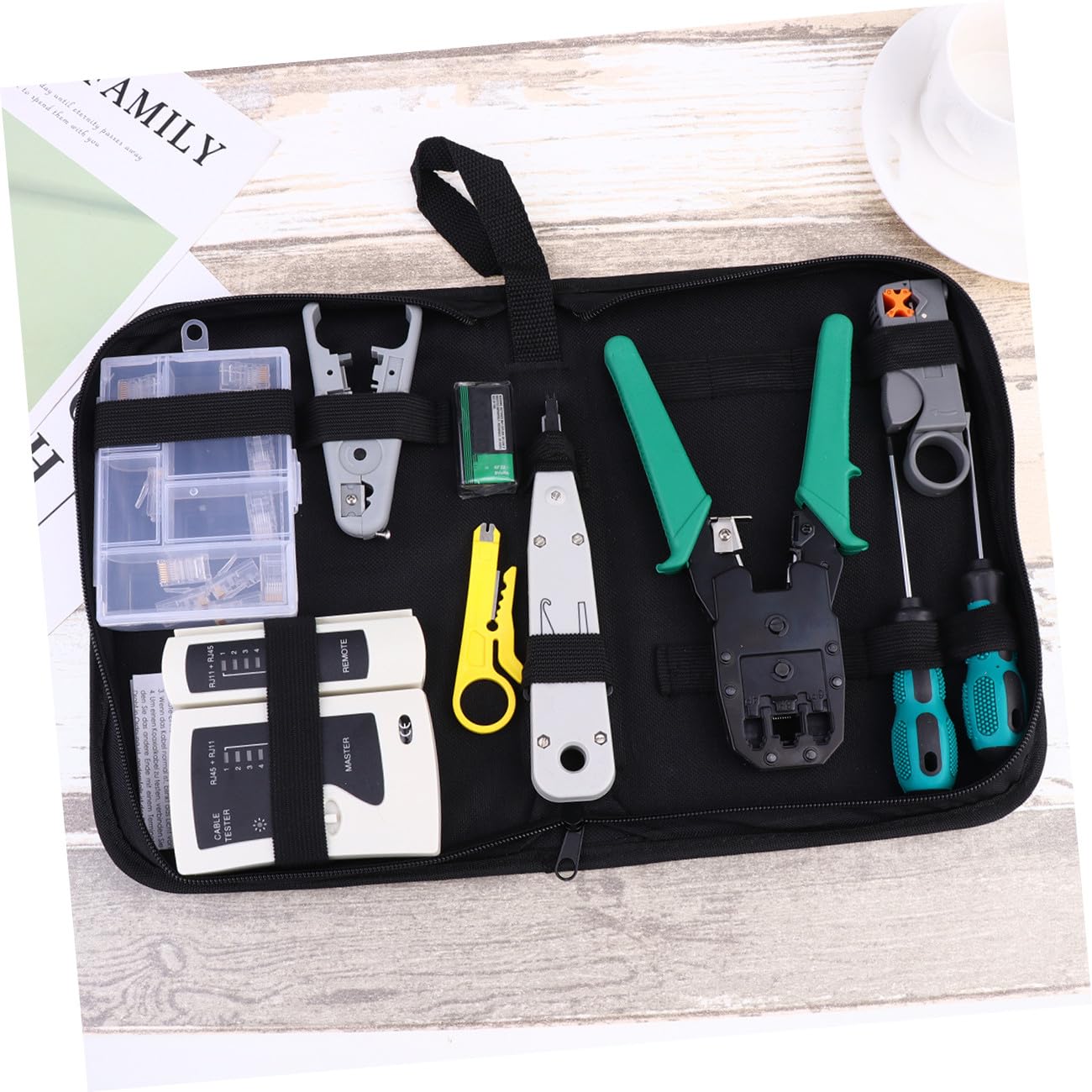 COLLBATH Kit D'outils Réseau 12-en-1 Testeur de Câble, Pince à Sertir en Métal et Paquet de Rangement, Outil D'installation pour Tests de Câbles Réseau et Téléphoniques