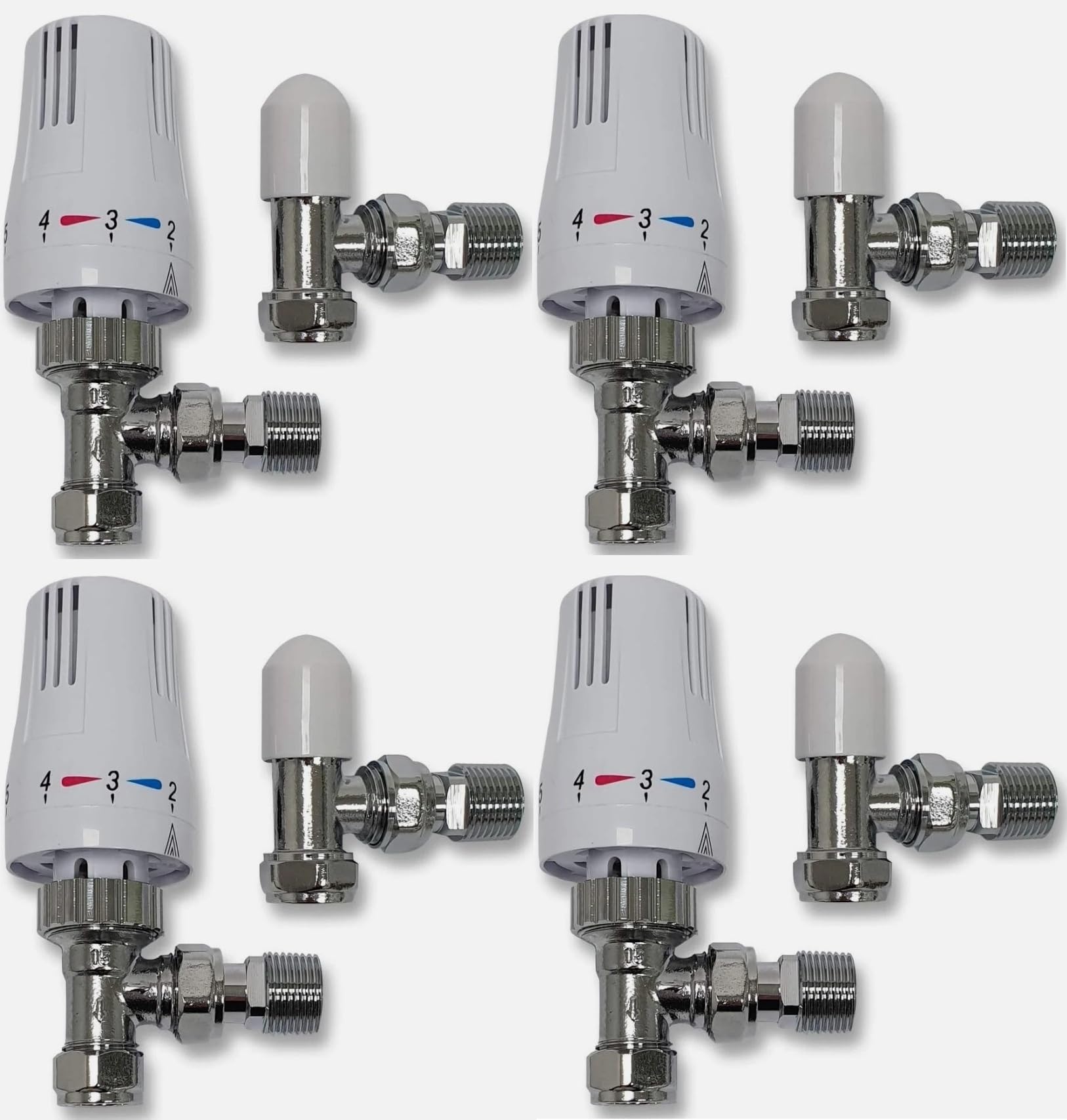 22.5 Team Controls Chrome / White Tc Thermostatic Radiator Valve Angled Trv And Lockshield, 15Mm X 1/2", Pack Of 4