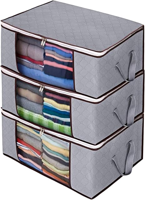Awekris Foldable Storage Bag, Set of 3 Large Foldable Clothes Organizer 50 X 36 X 20 CM, Clear Window and Carry Handles, Great for Clothes, Blankets, Closets, Bedrooms and More (Grey)