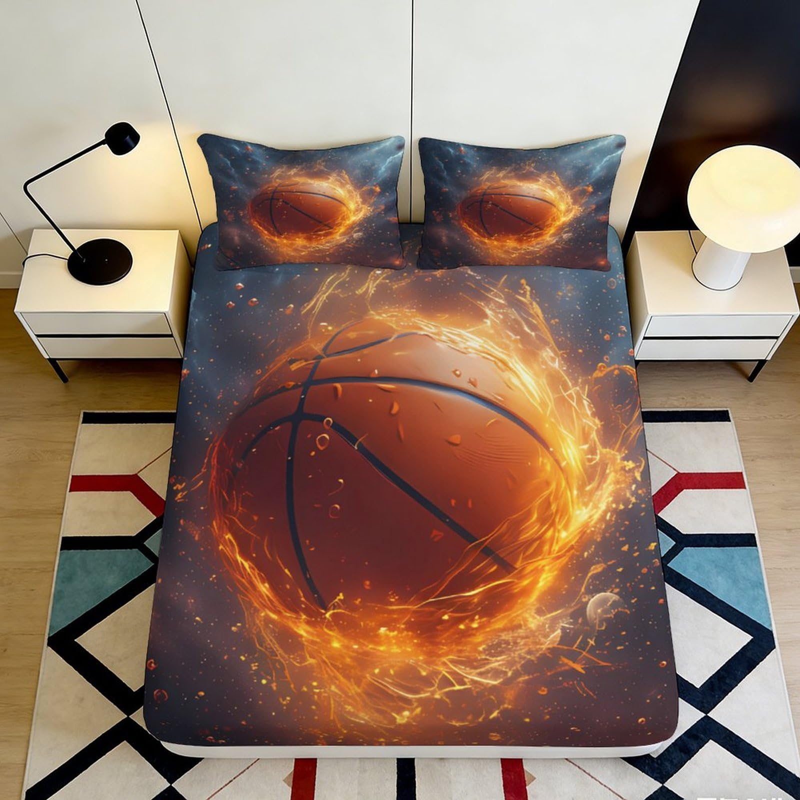 3D Printed Fire Basketball Fitted Sheet Microfiber Soft Anti-Slip Splash Flames Mattress Cover for Bedroom Dorm Decor 160x200x25cm
