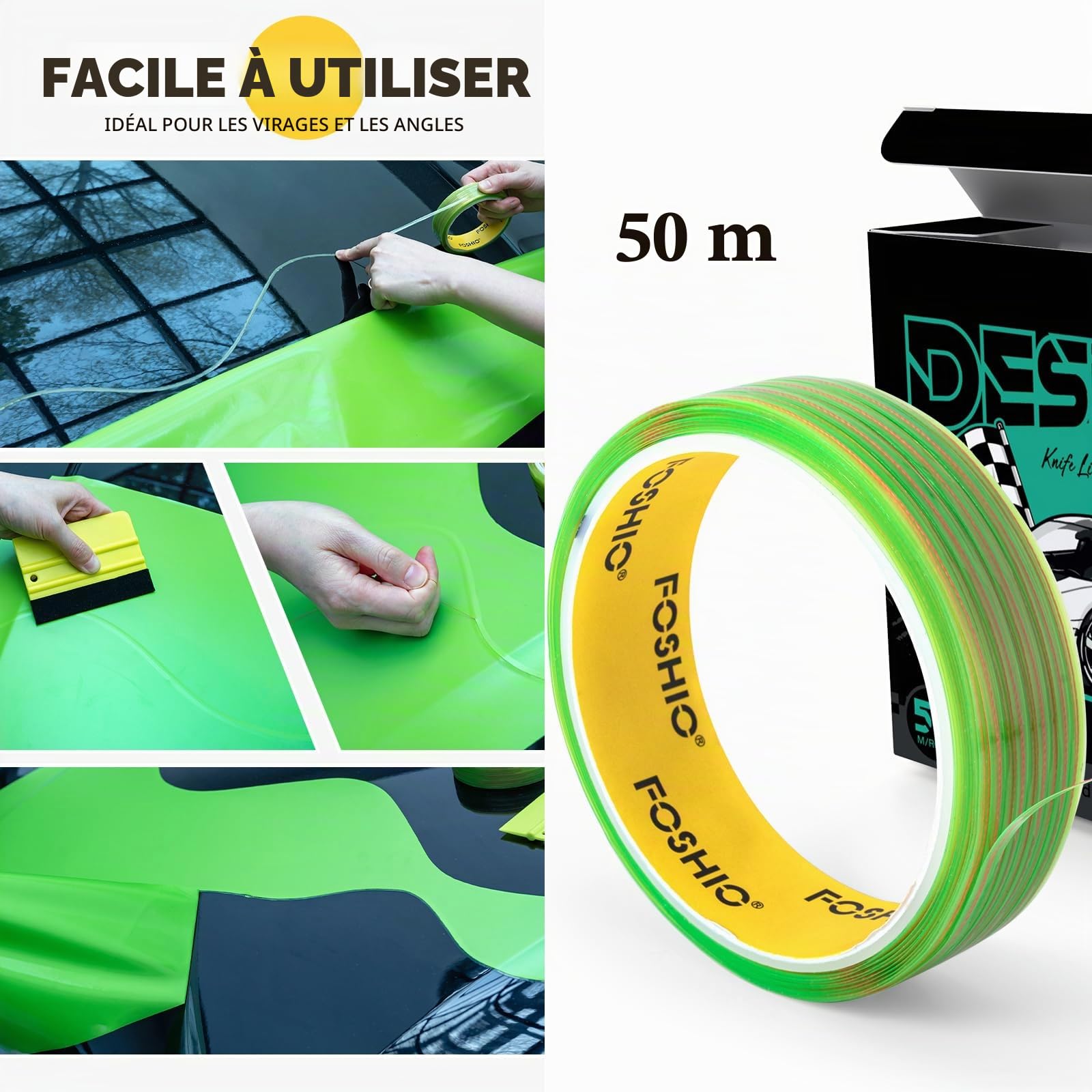 FOSHIO Kit d'outils en Vinyle de Voiture,Ruban de découpe sans Couteau 50 m,Raclette pour Film teinté,Kit d'outils pour Enveloppement de Film, 6 aimants pour Envelopper,Grattoir,Raclette en Feutre