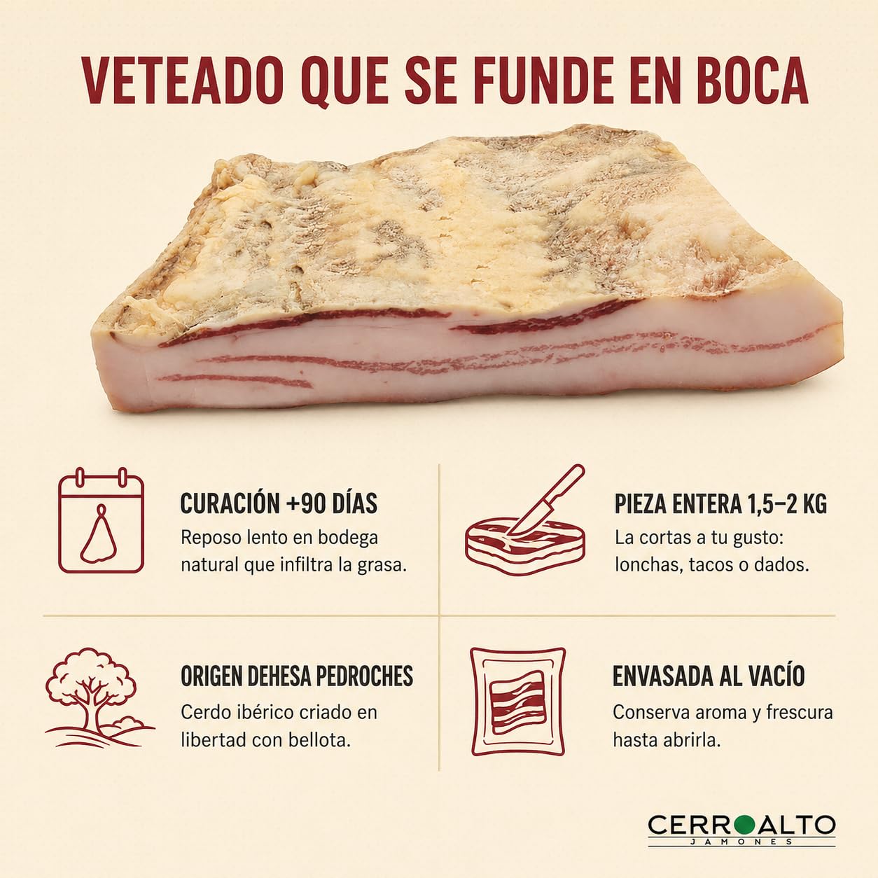 Panceta Ibérica de Bellota Pieza Entera 1500-2000 g Curada Lentamente en Bodega Natural