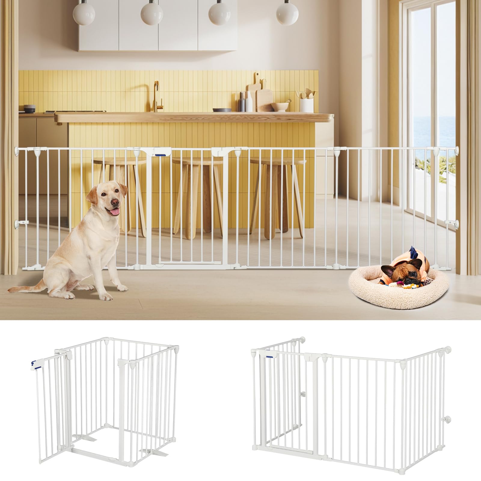 Photo 1 of AGESISI Freestanding Dog Gates with Door Walk Through, Extra Wide Doggy Door 100" W x 29" H Pet Gate Safty 4 Panels Dog Fence for Stairs, Doorways, White