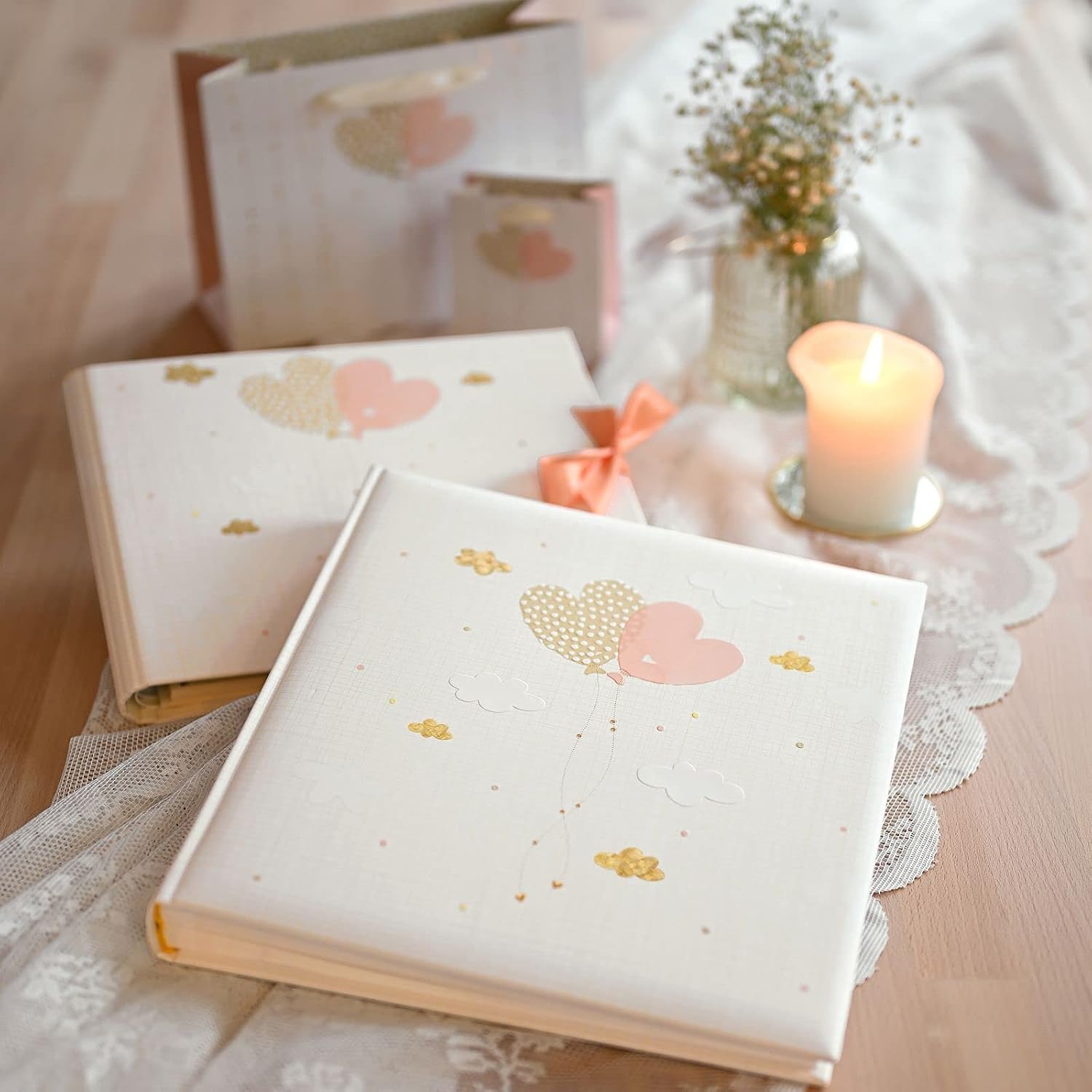 Goldbuch Wedding, Turnowsky Design, Photo 60 White Pages and glassine dividers, Album with Heart Balloons Motif, Art Print with Gold Embossing and Relief, Paper, 30 x 31 x 4 cm