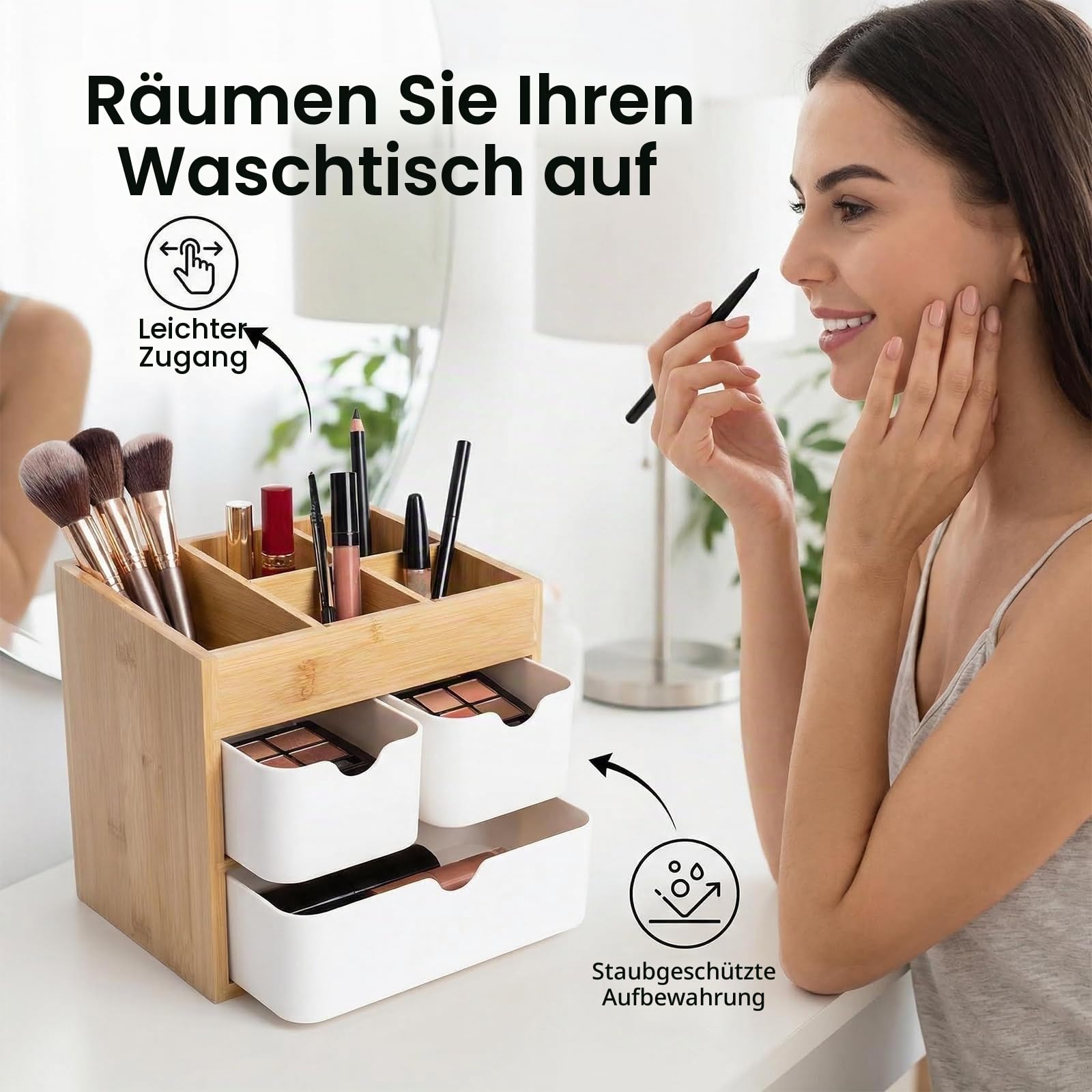 Bambus-Make-up-Organizer mit 3 Schubladen, Kommode, Kosmetik-Organizer, Bambus-Schreibtisch-Organizer für Zuhause mit verstellbaren Trennwänden