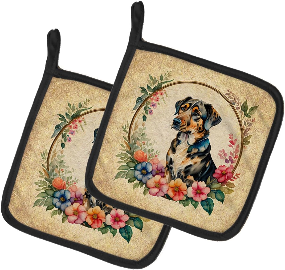 Caroline's Treasures Catahoula Leopard Dog and Flowers Pair of Pot Holders Kitchen Heat Resistant Pot Holders Sets Oven Hot Pads for Cooking Baking BBQ, 7 1/2 x 7 1/2