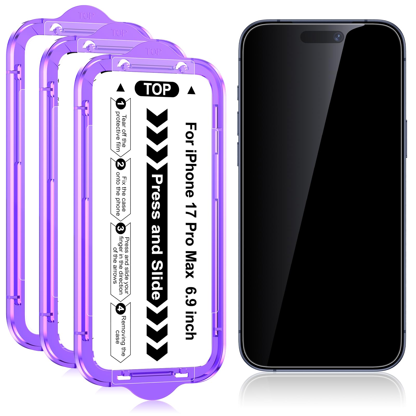 【覗き見防止】iPhone 17 Pro Max対応 ガラスフィルム 3枚入り 25°覗き見防止 保護フィルム 自動位置決め ガイド枠付き 貼りやすい 自動吸着 気泡なし 9H硬度 指紋防止 飛散防止