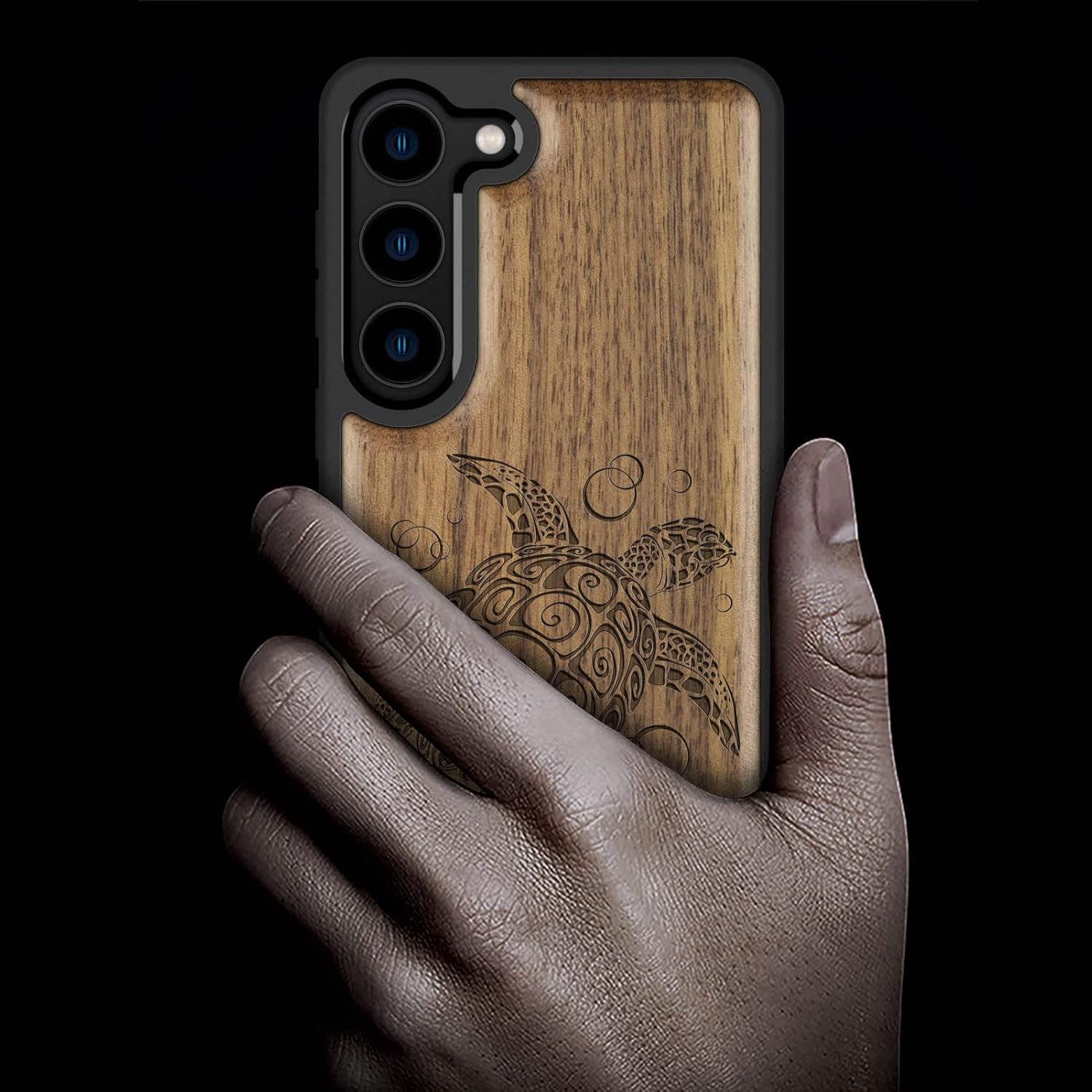 Carveit Wood Case for Galaxy S23 Case [Natural Wood & Black Soft TPU] Shockproof Protective Cover Unique & Classy Wooden Design Compatible with Samsung S23 (Sea Turtle-Walnut)