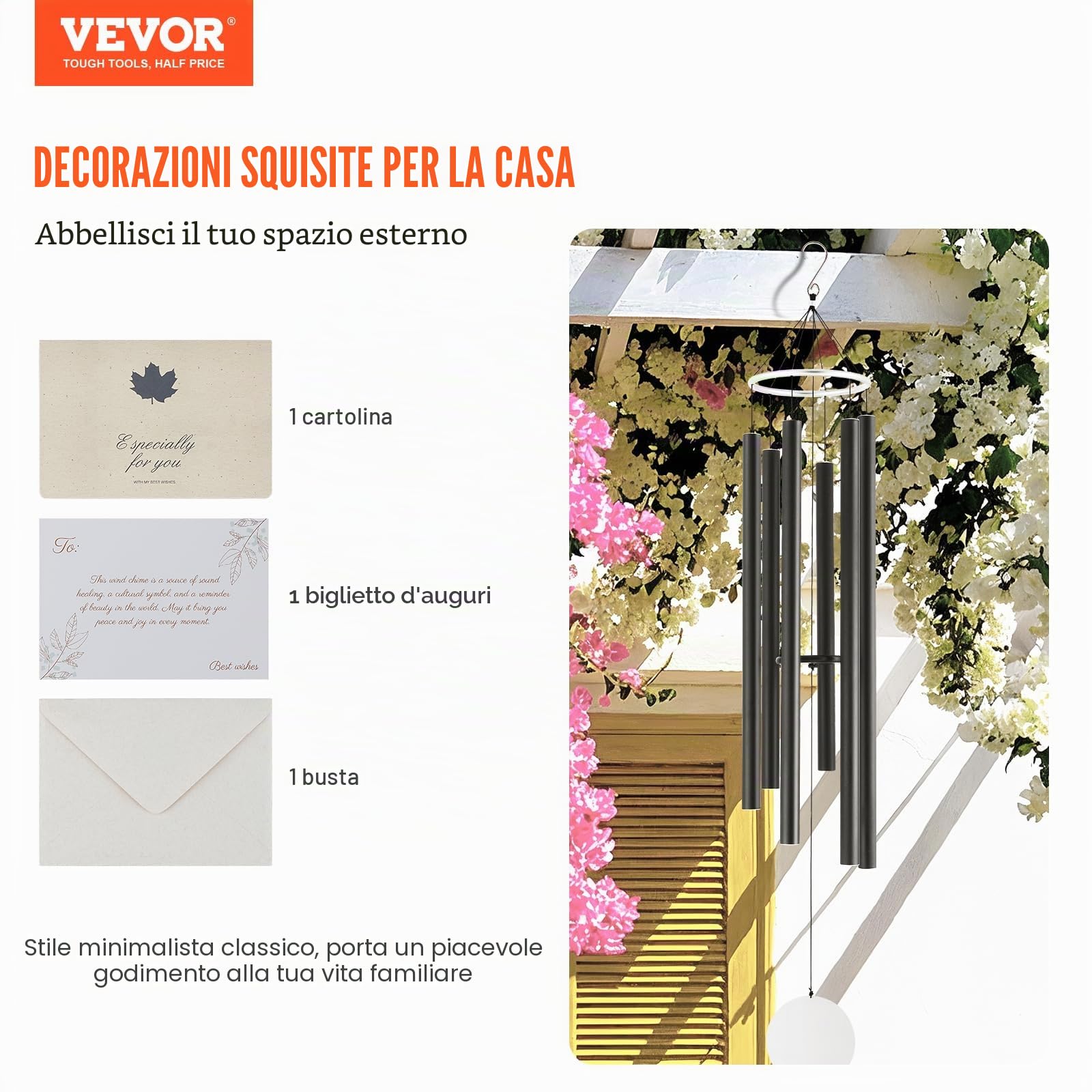 VEVOR Campanelli Eolici per Esterni 1677 mm Campanelli Eolici dai Toni Profondi con 6 Tubi, Decorazioni per Patio, Portico, Giardino e Cortile, Nero