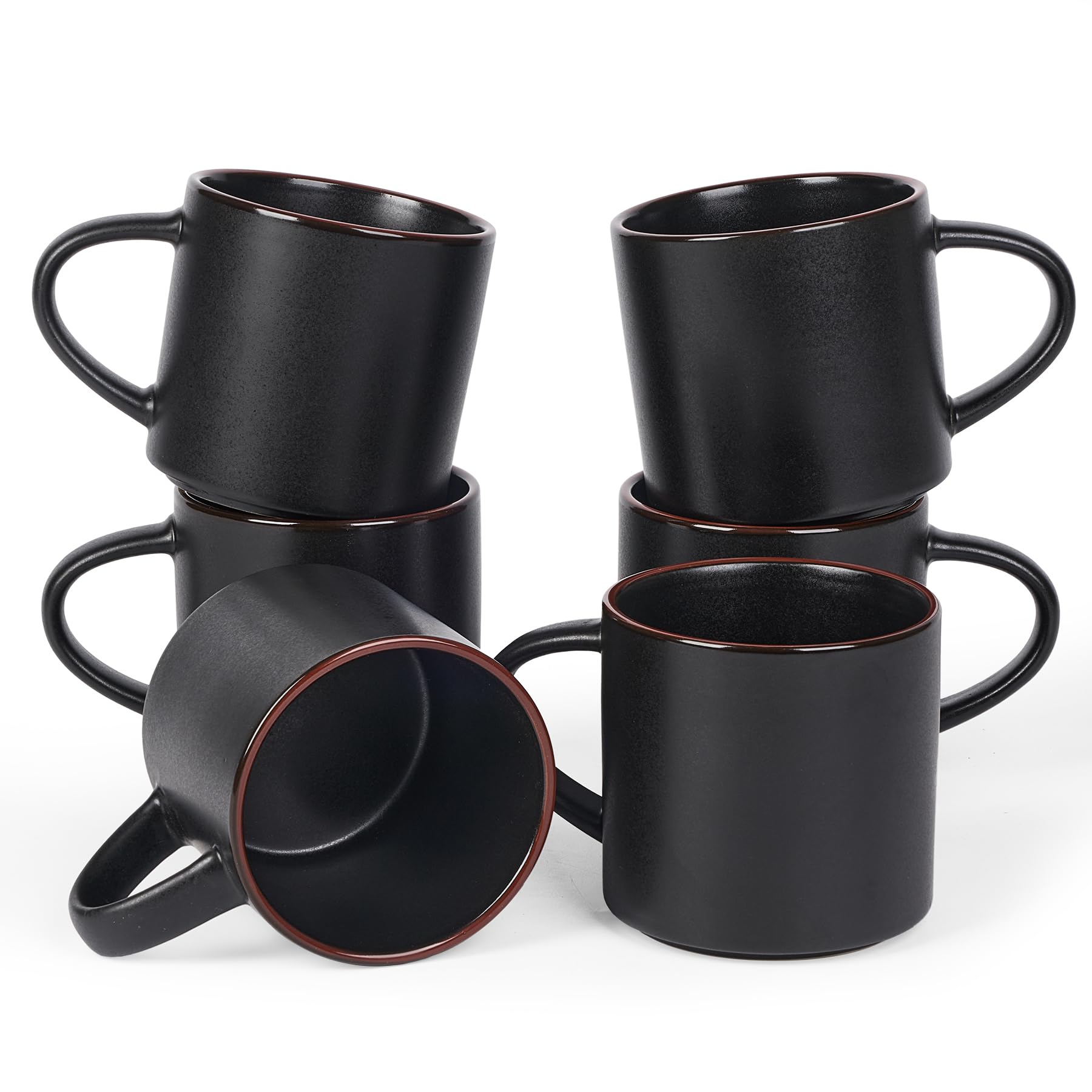 Richmount Halo Coffee Mugs Sets of 6, 13oz/370ml Stoneware Tea Cups with Large Handle and Burgundy Trim for Latte/Cappuccino/Milk/Cocoa/Tea, Microwave & Dishwasher Safe, Black โ image 1
