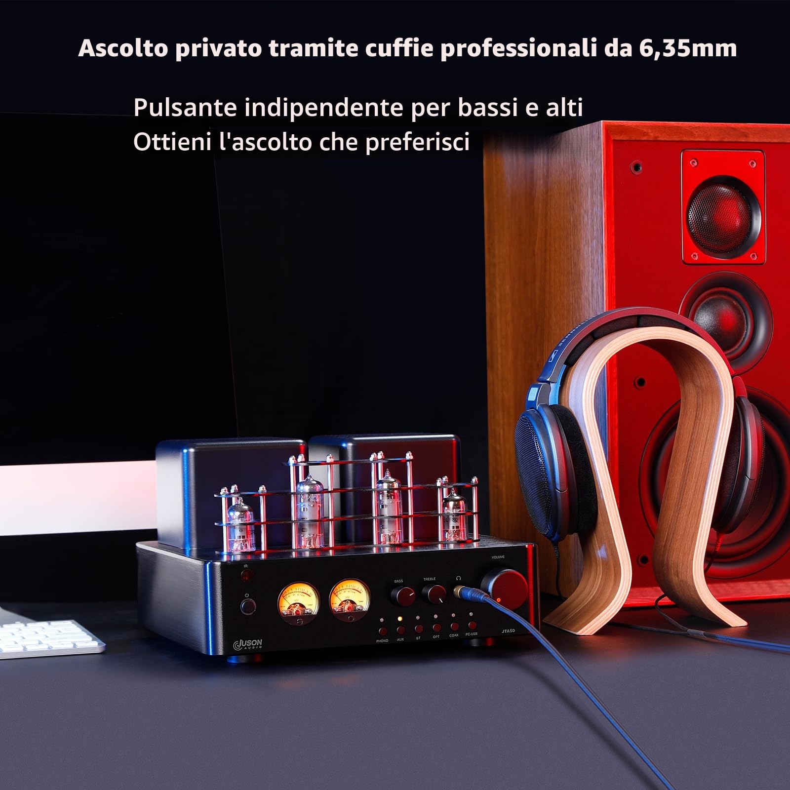 Juson Audio JTA50 Amplificatore a tubo amplificatore Hi-Fi con BT 5.0, telecomando, AUX, COAX, ingresso Phono e USB, uscita subwoofer, 2.1CH per giradischi