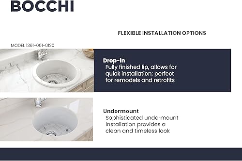 Miniatura 3 de BOCCHI Sotto - Fregadero redondo de doble montaje de arcilla refractaria de 18.5 pulgadas con rejilla inferior protectora y colador, color blanco