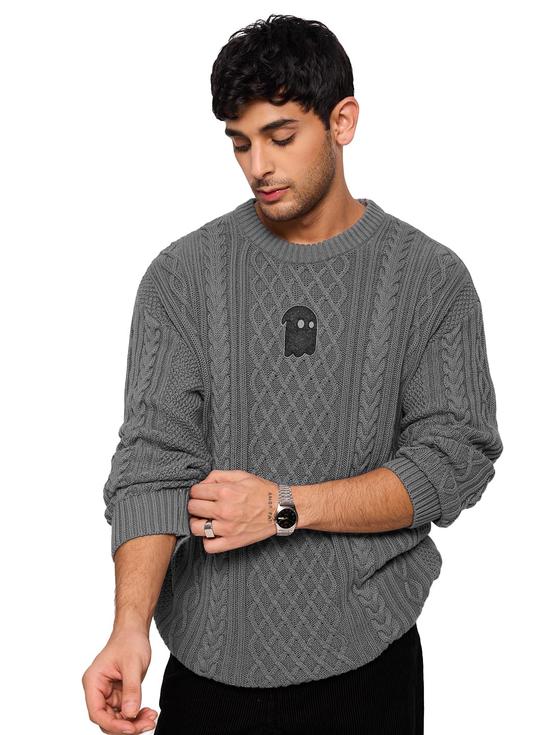 the souled store Cable Knit Pullover: Stone Grey Men and Boys Long Sleeves Round Neck Grey Acrylic Oversized Pullovers-picture-49