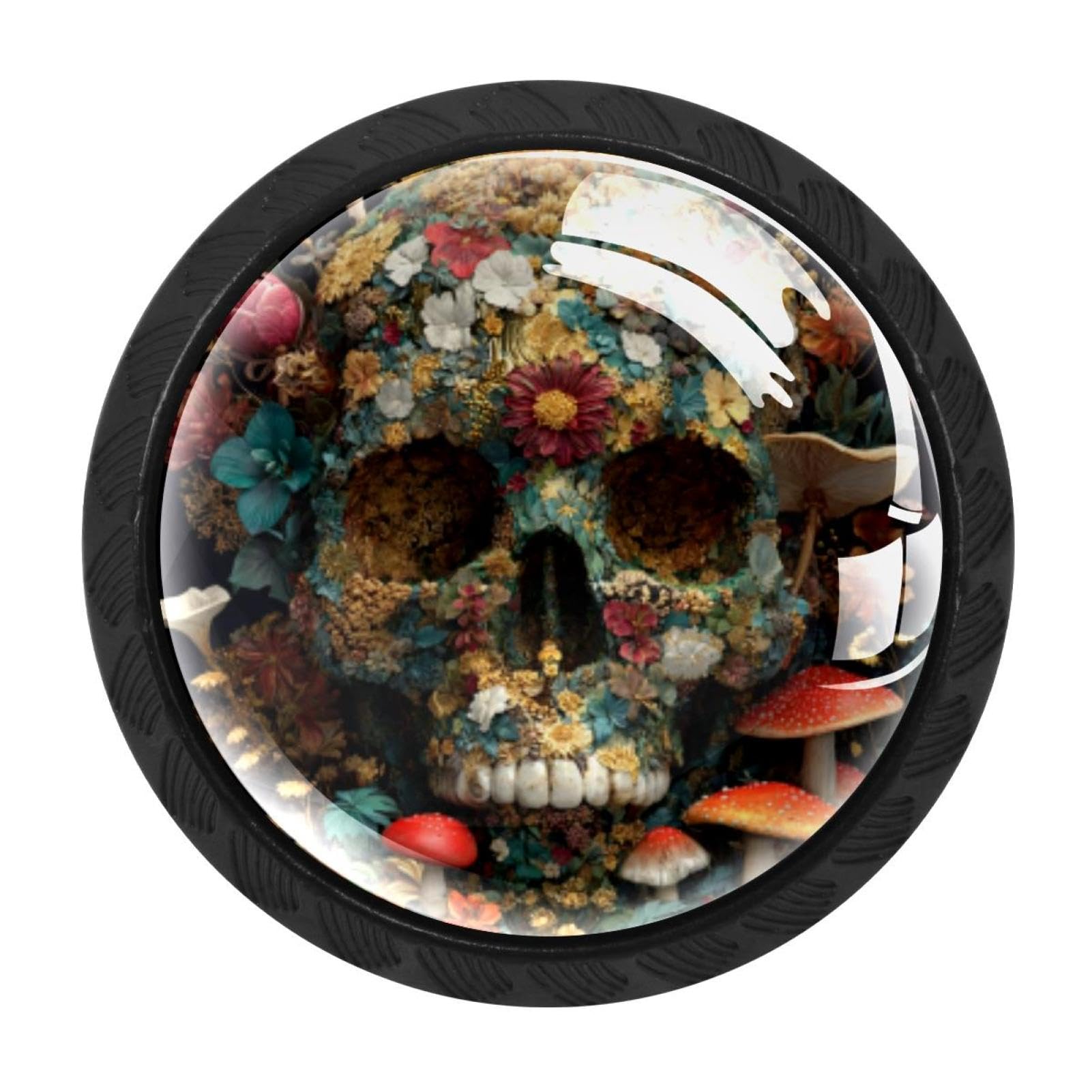 CHENZZZZ 4 Pack Black Skull Floral Mushroom (3) Cabinet Pulls with Screws, Kitchen Cabinet Knobs Hardware