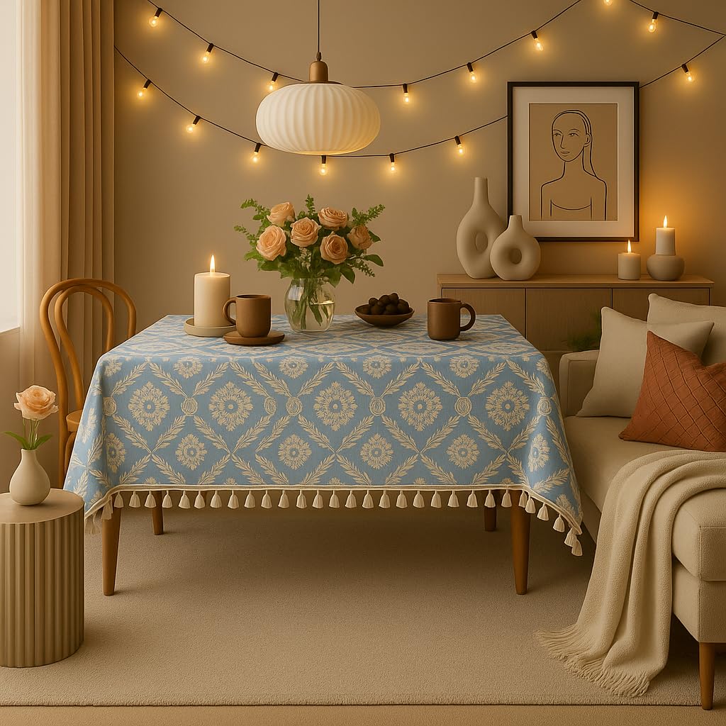 WWW.THROWPILLOW.IN Powder Blue Floral Tassel Boho Printed Dining Table Cover Rectangle Shape 52"x 120", Anti Skid Table Cloth for 7 Feet Center Coffee Table Cover|Living Room Diwali Decor 2
