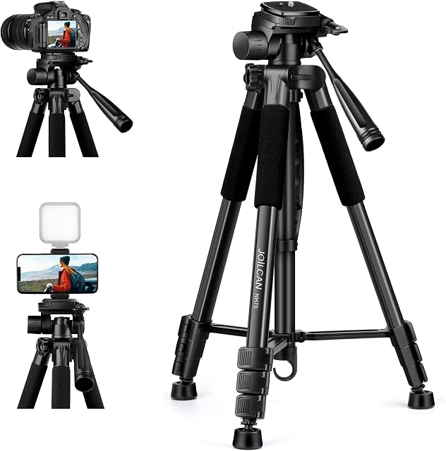 JOILCAN Camera Tripod for Canon Nikon Sony, 65" Aluminum Alloy Tripod Stand with Detachable Head & Phone Holder & Carry Bag, Lightweight DSLR Tripod for Smartphone/Vlog/Streaming, Max Load 5.5kg