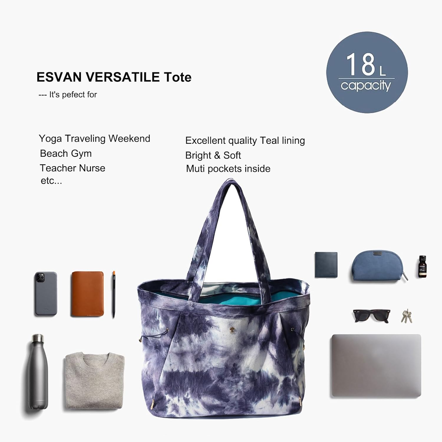 ESVAN Corduroy Yoga Tote Bag Gifts for Women Drawstring Yoga Mat Bag for Office Workout Travel Carryall Pilates Gym - Image 6