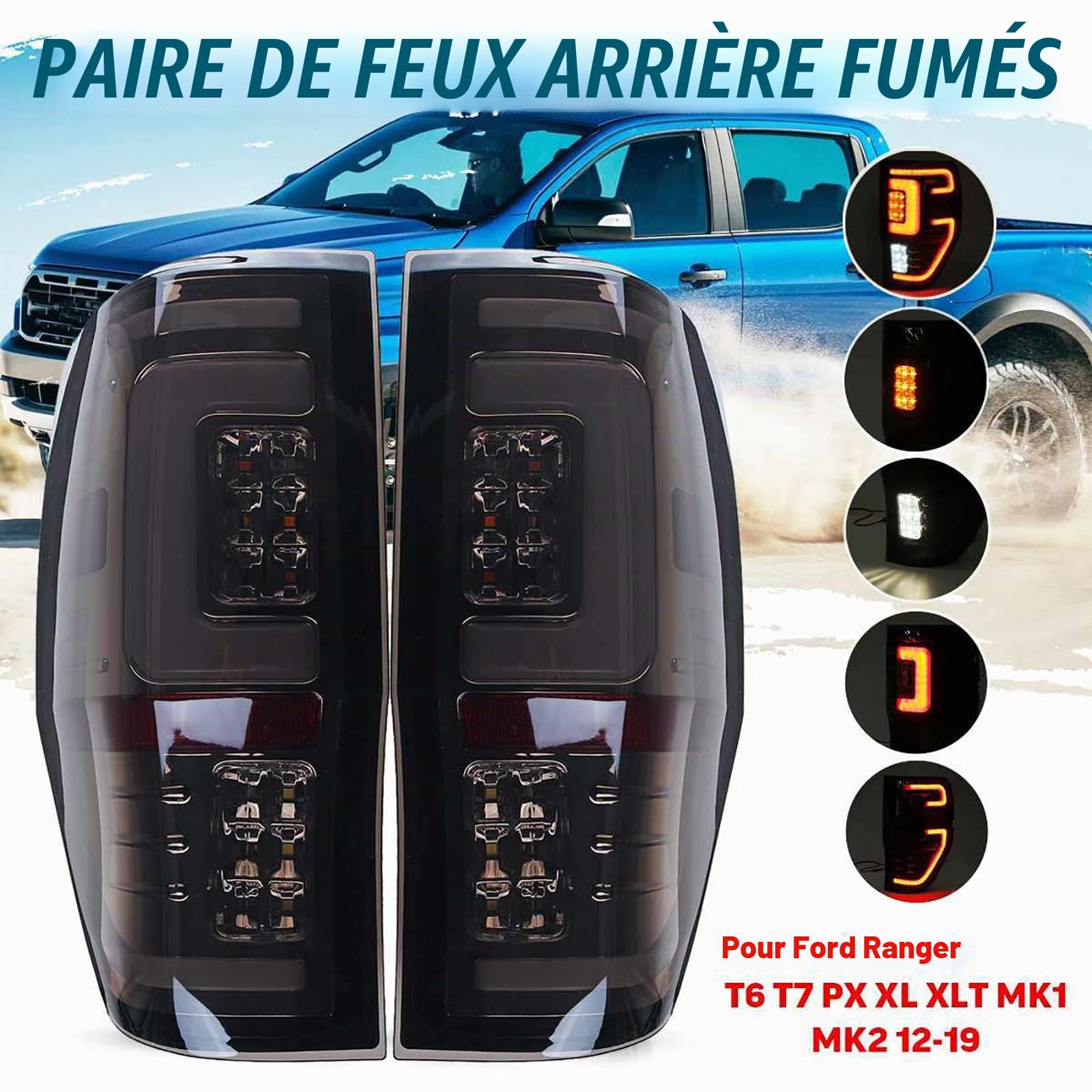 Feu Arrière pour Ford Ranger Raptor T6 T7 PX XL XLT MK1 MK2 2012-2019 LED Lumière De Voiture Feu De Frein Arrière Feu Arrière 1 Paire
