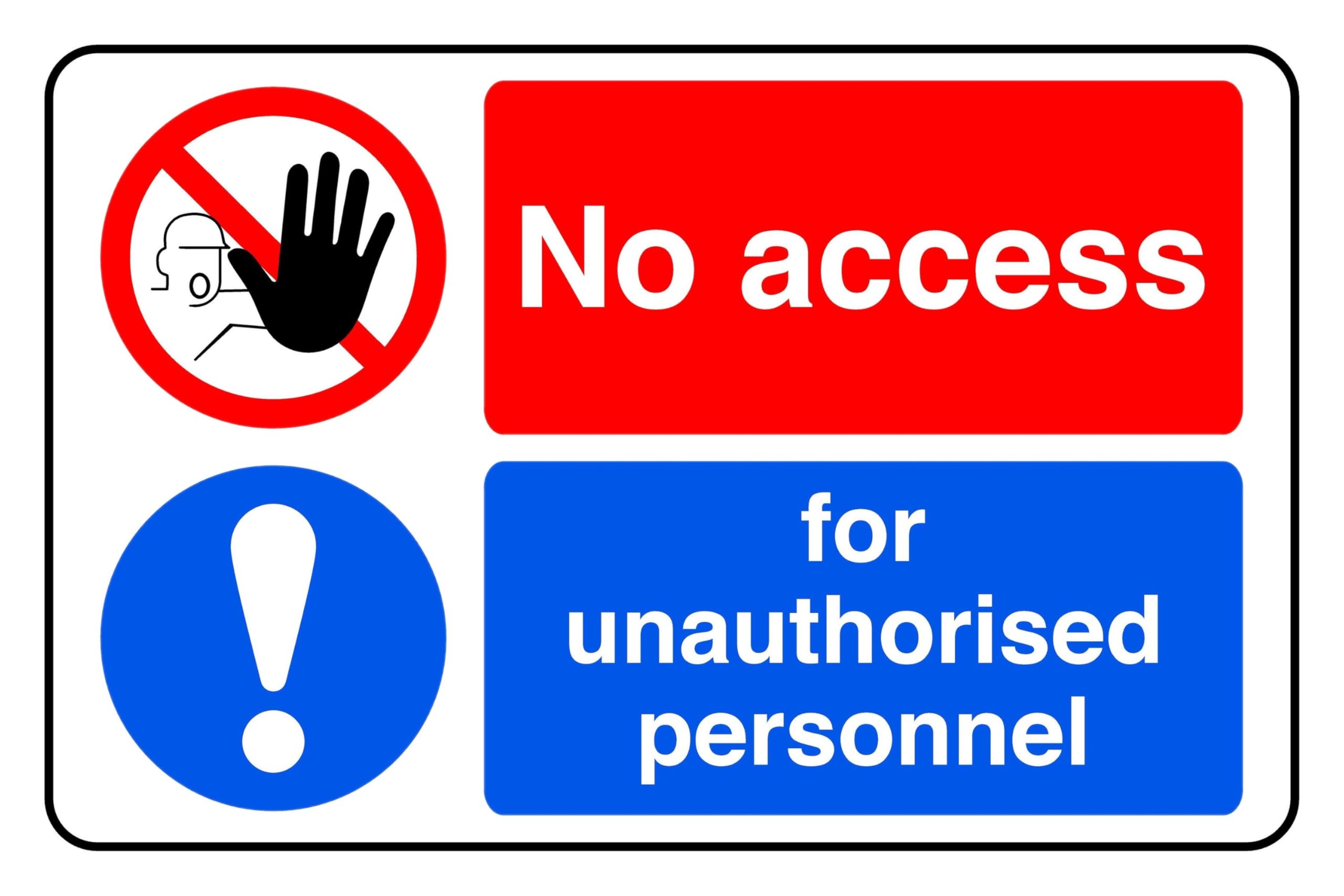 No Access For Unauthorised Personnel - safety sign - High tack self-adhesive sticker (600mm x 400mm) Viewing Distance within 20m.