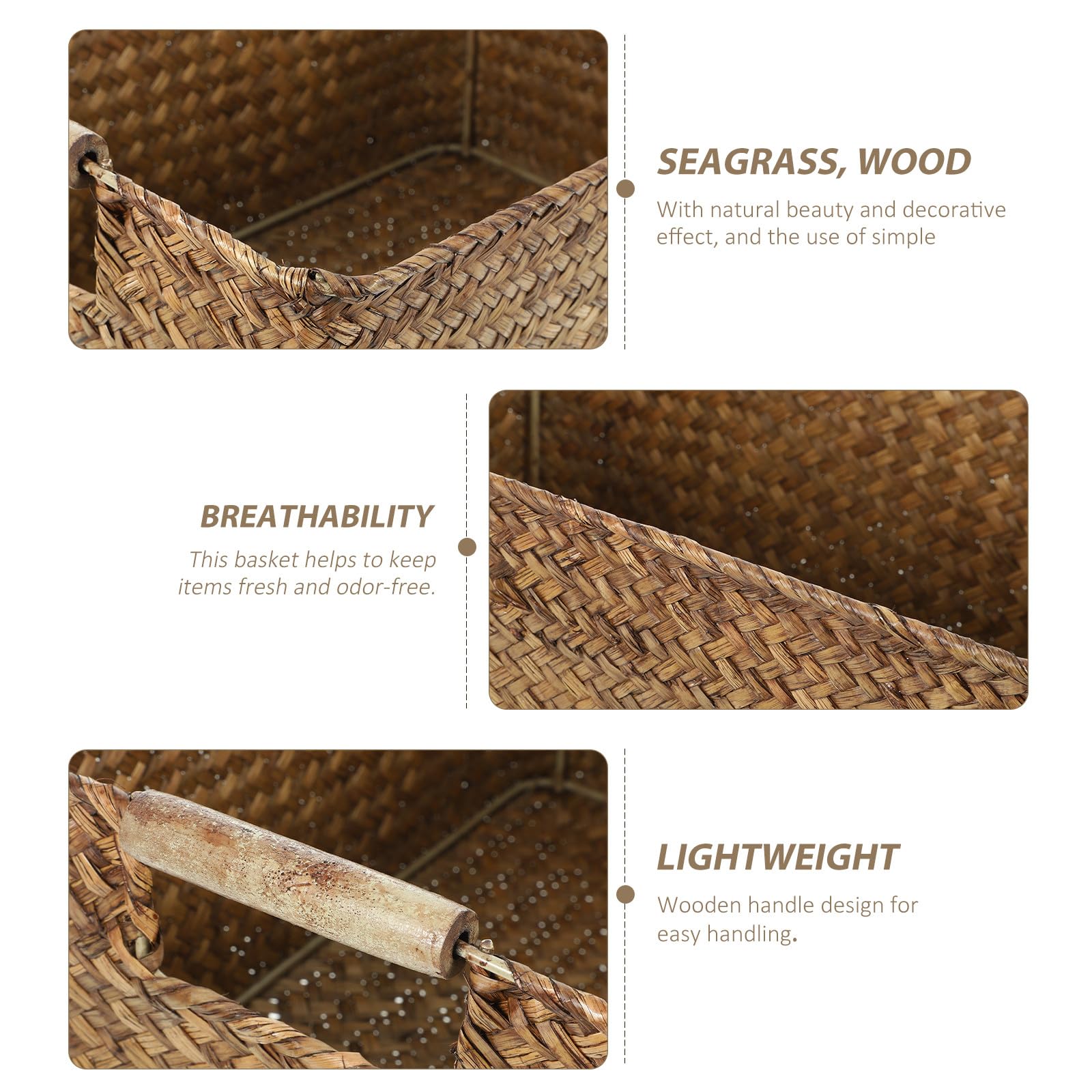Cestino Rattan in Alga Marina e Legno, Rettangolare, Leggero, per Organizer Bagno e Casa, Cestino Portaoggetti Multiuso