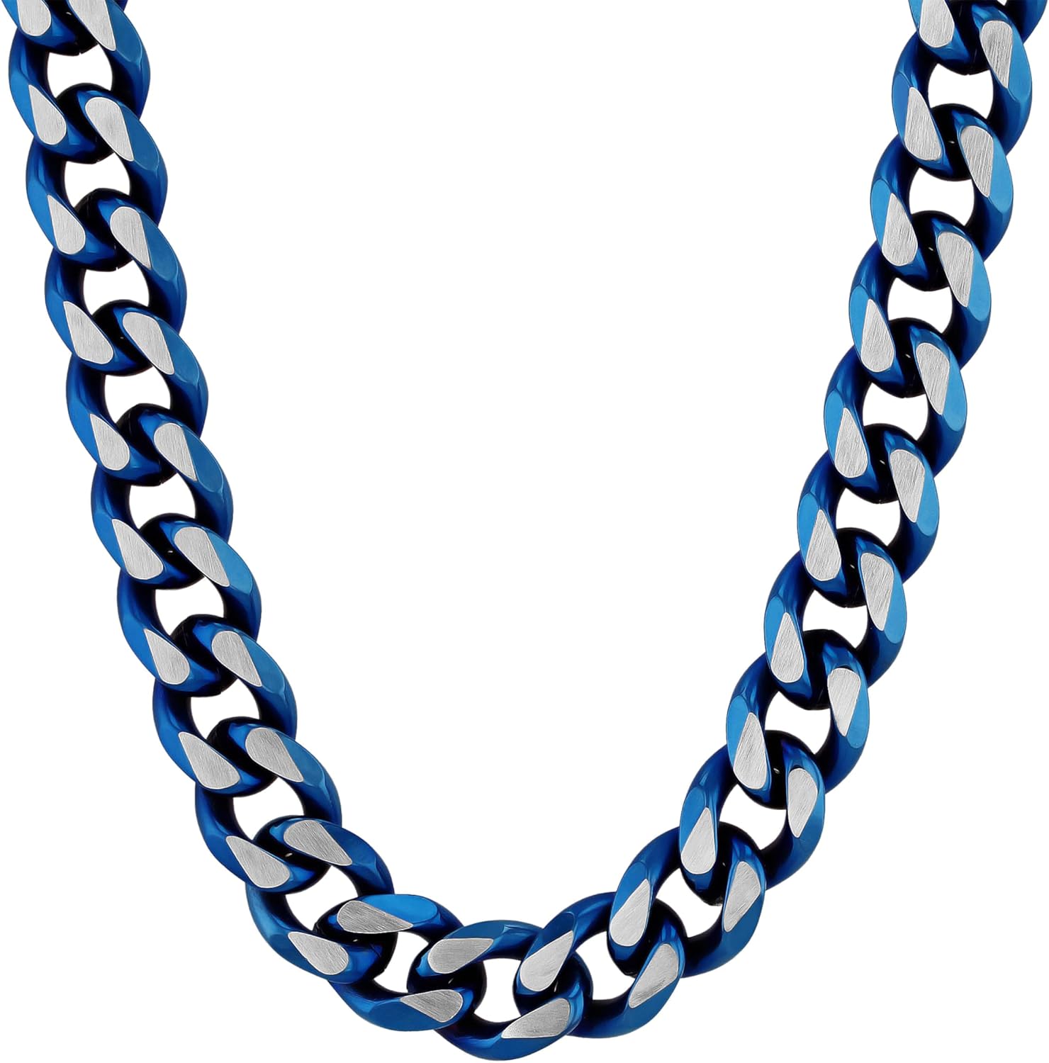 Men's Stainless Steel Cuban Link Chain Bracelet and Chain Necklace - Bold Blue Finish - Choice of Length