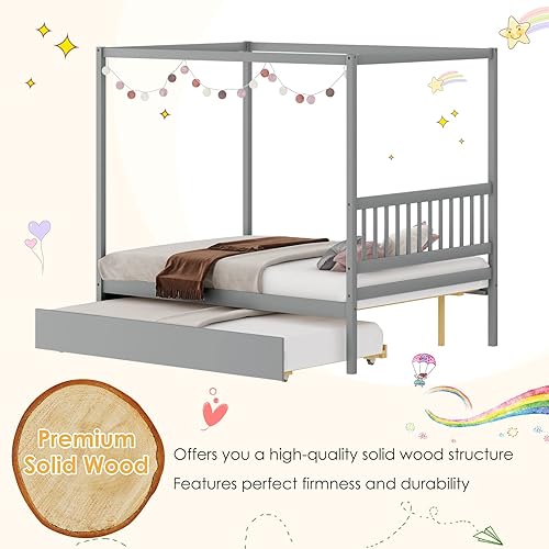 Miniatura 28 de KOMFOTT Cama individual con nido, marco de cama de plataforma de madera maciza, cama para niños con techo para niñas y niños, no necesita somier,