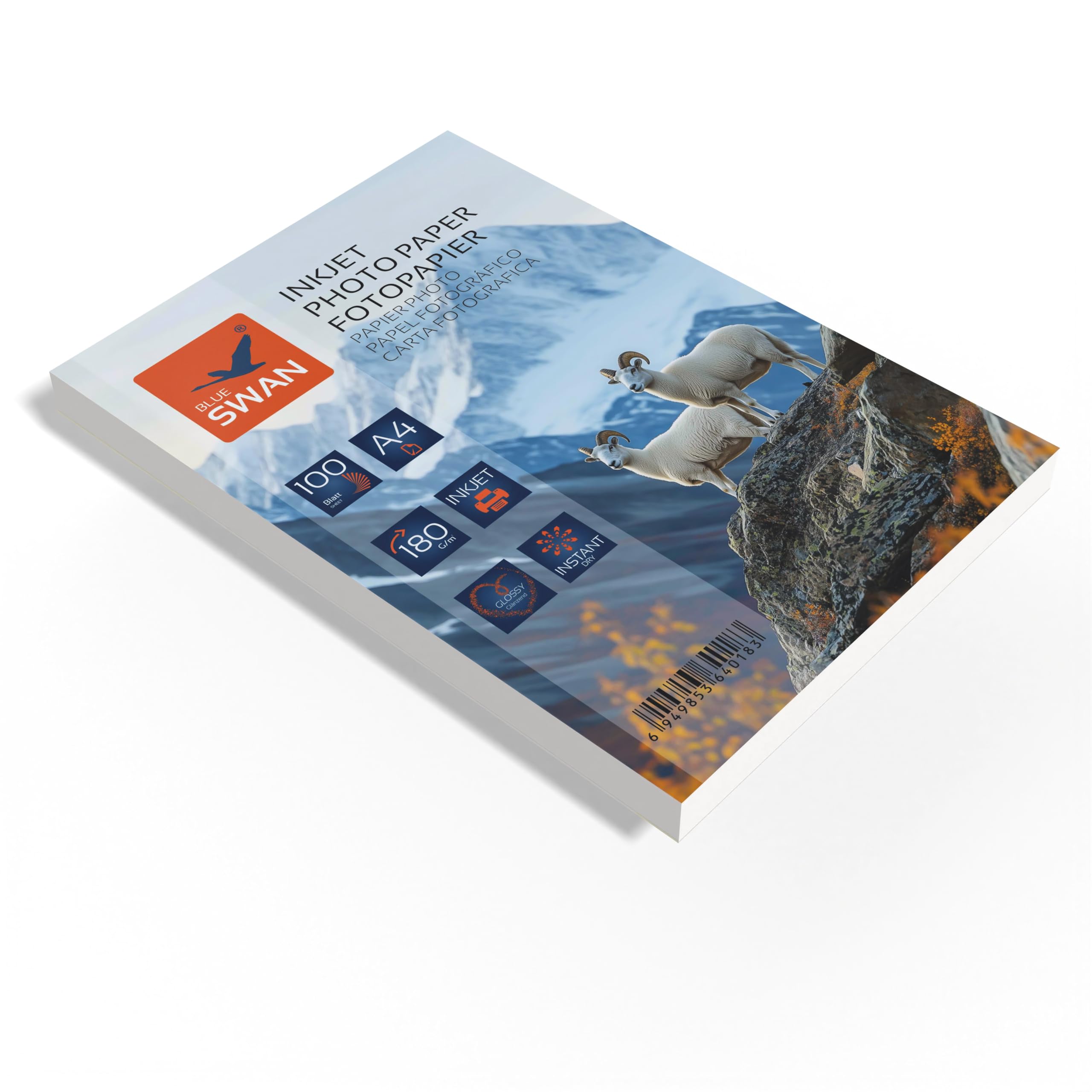 BLUE SWAN Carta Fotografica Lucida A4, 180 g/m², 100 Fogli – Bianco ad Alta Lucentezza, Asciugatura Rapida, Resistente all’Acqua e ai Graffi, Compatibile con Stampanti Inkjet
