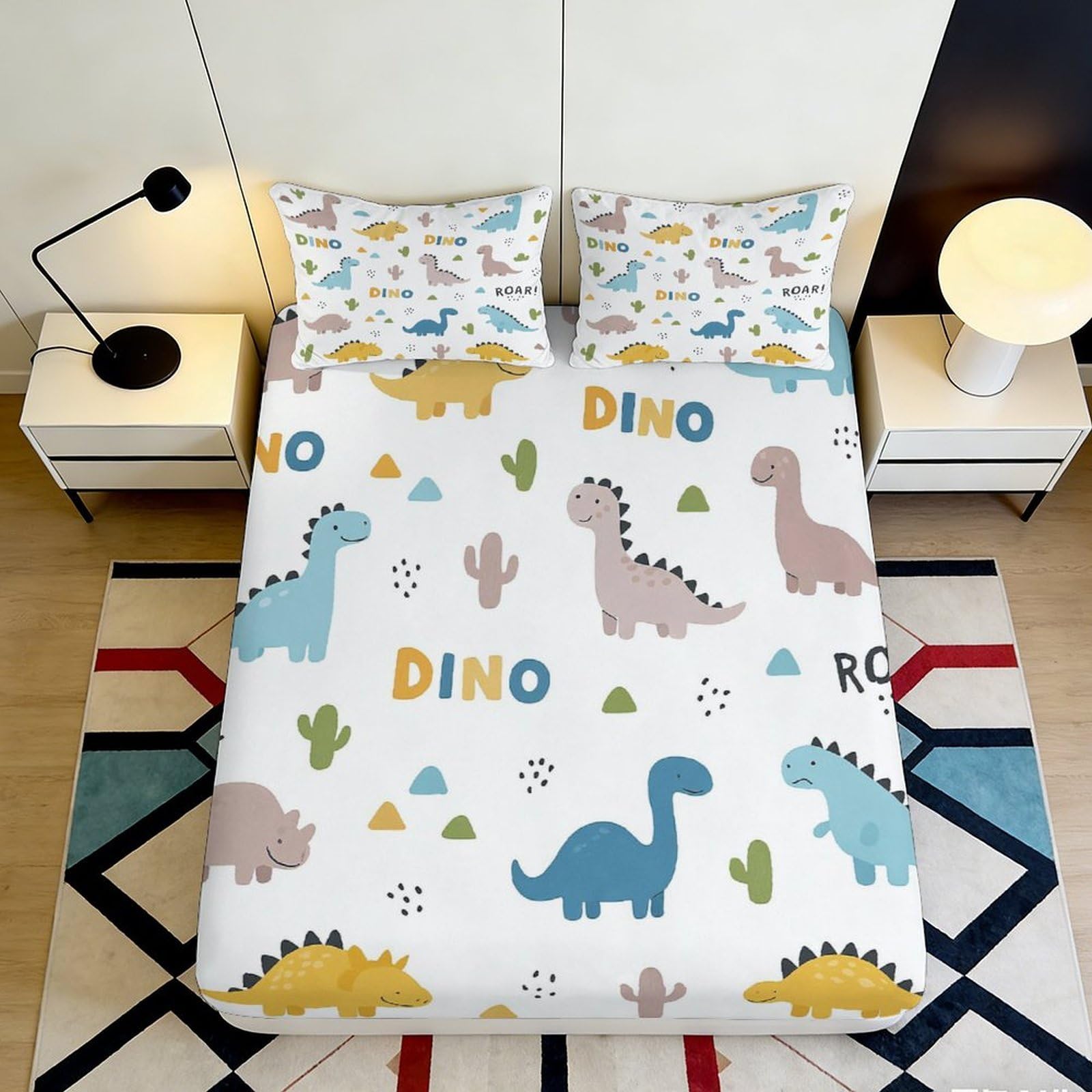 3D Printed Cartoon Dinosaur Fitted Sheet Microfiber Soft Anti-Slip Mattress Cover for Kids Teens Bedroom Dorm Decor 200x200x25cm