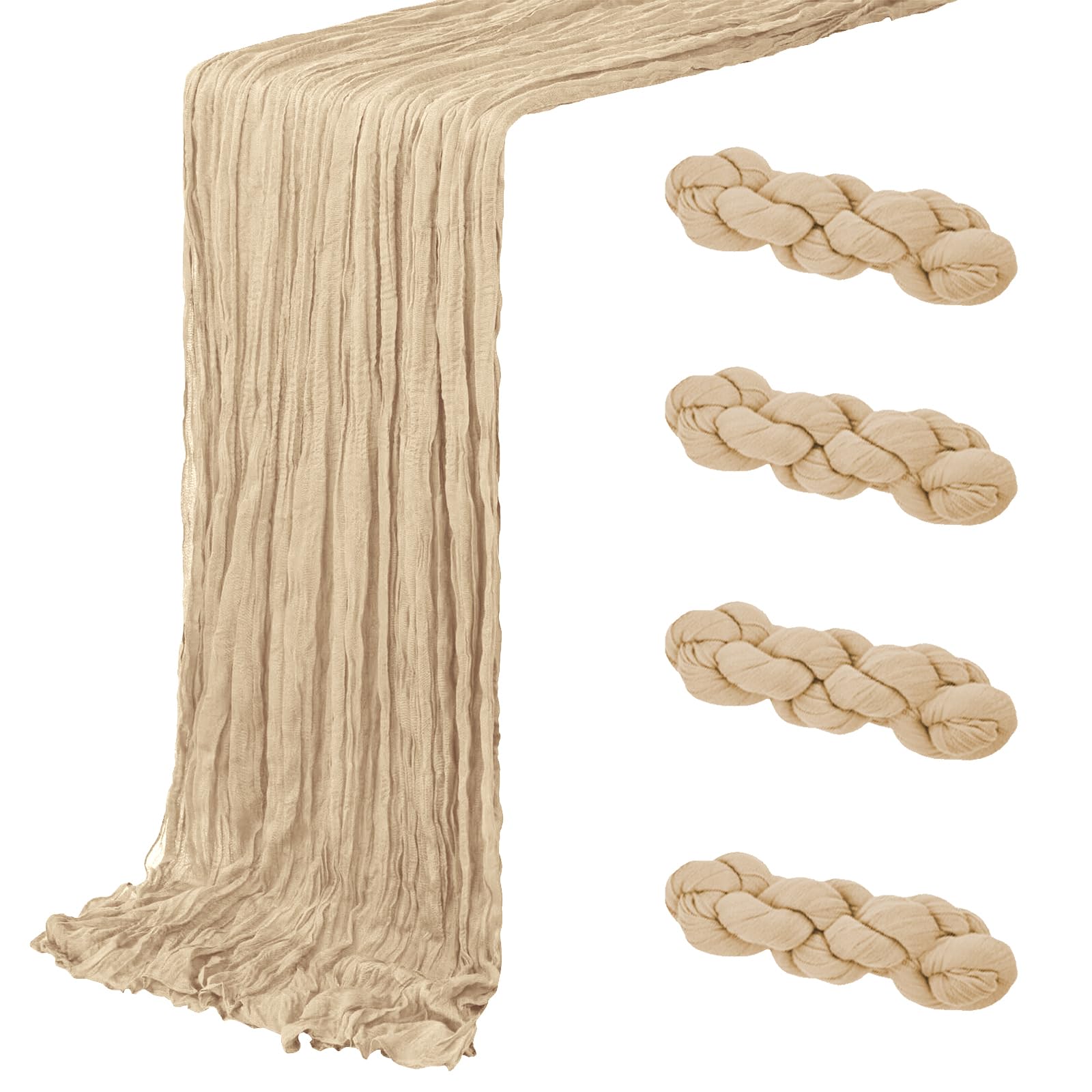 Photo 1 of 4 Pack Beige Cheesecloth Table Runner 20 x 120 inch Gauze Table Runners 10 FT Long,Semi Sheer Boho Cheese Cloth Fabric Table Runner Bulk for Party,Wedding,Baby Shower,Bridal Shower Decoration