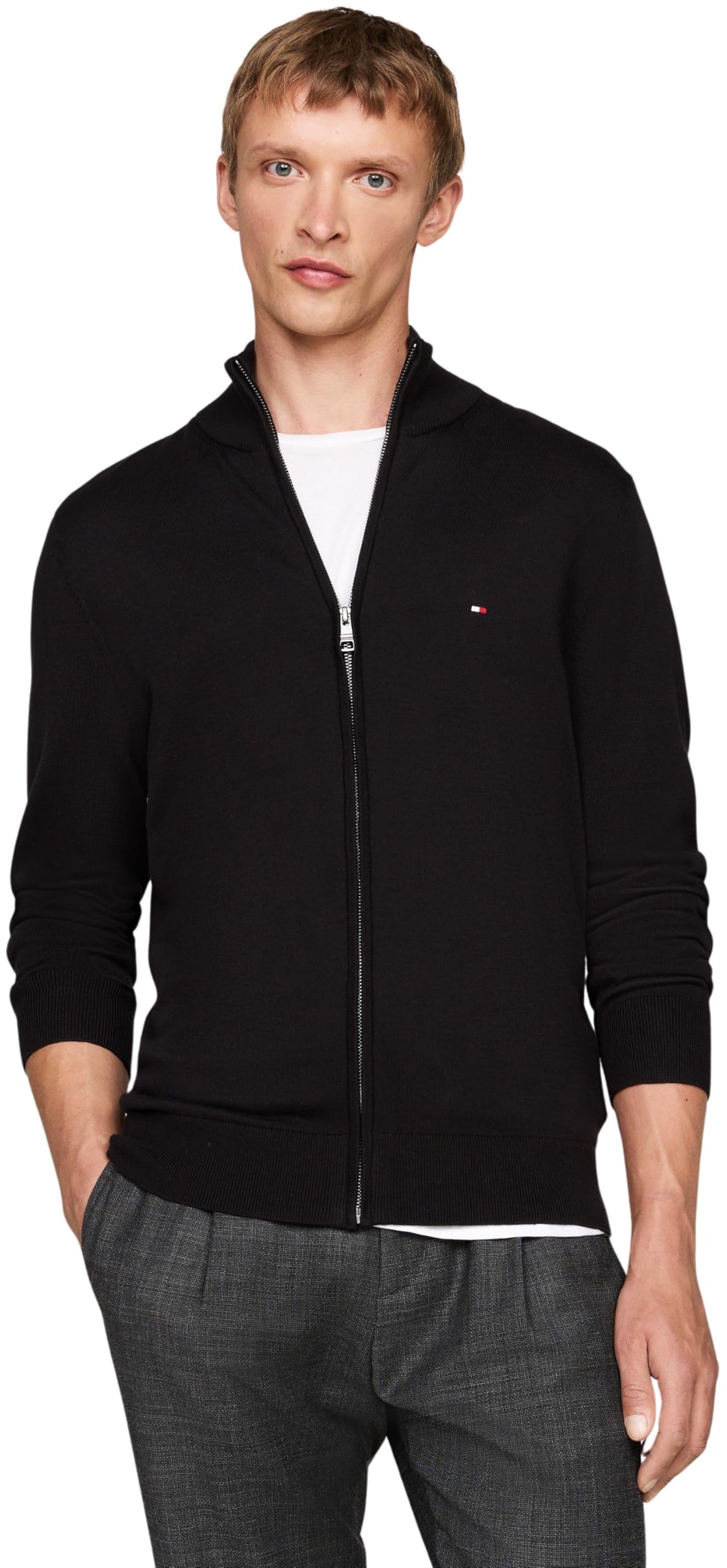 Tommy Hilfiger Men’s Essential Cotton Stand Collar Jumper with Zip, Black (Black), XXL