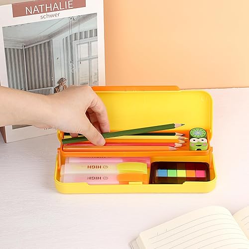 Miniatura 9 de BTSKY Little Duck Caja de lápices de plástico de doble capa, organizador de caja de plástico con tamaño compacto para lápices, borradores, clips de