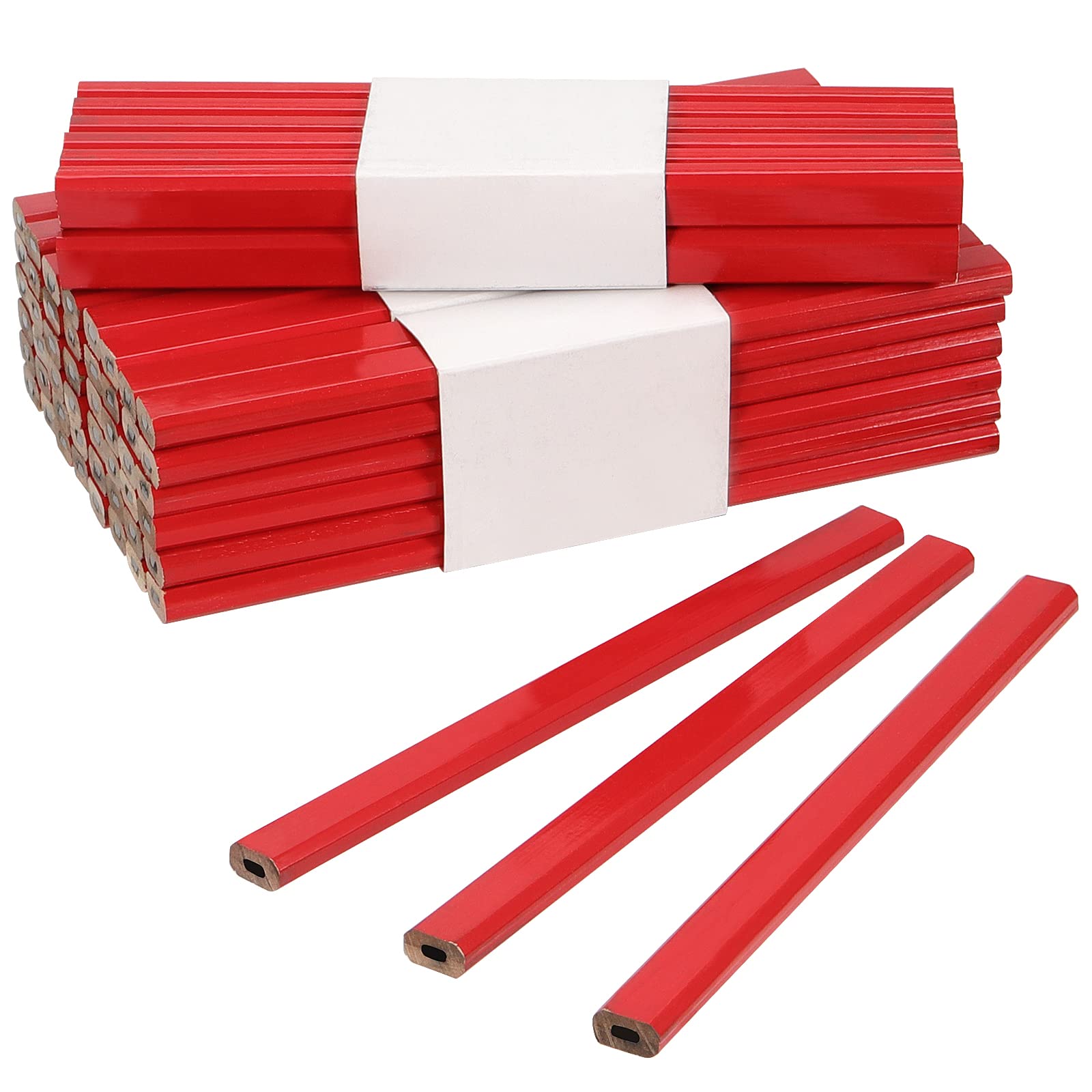 SINJEUN Matite da carpentiere rosse da 144 pezzi, matite ottagonali in legno piatto, grafite media dura professionale in piombo duro per falegnameria per la lavorazione del legno