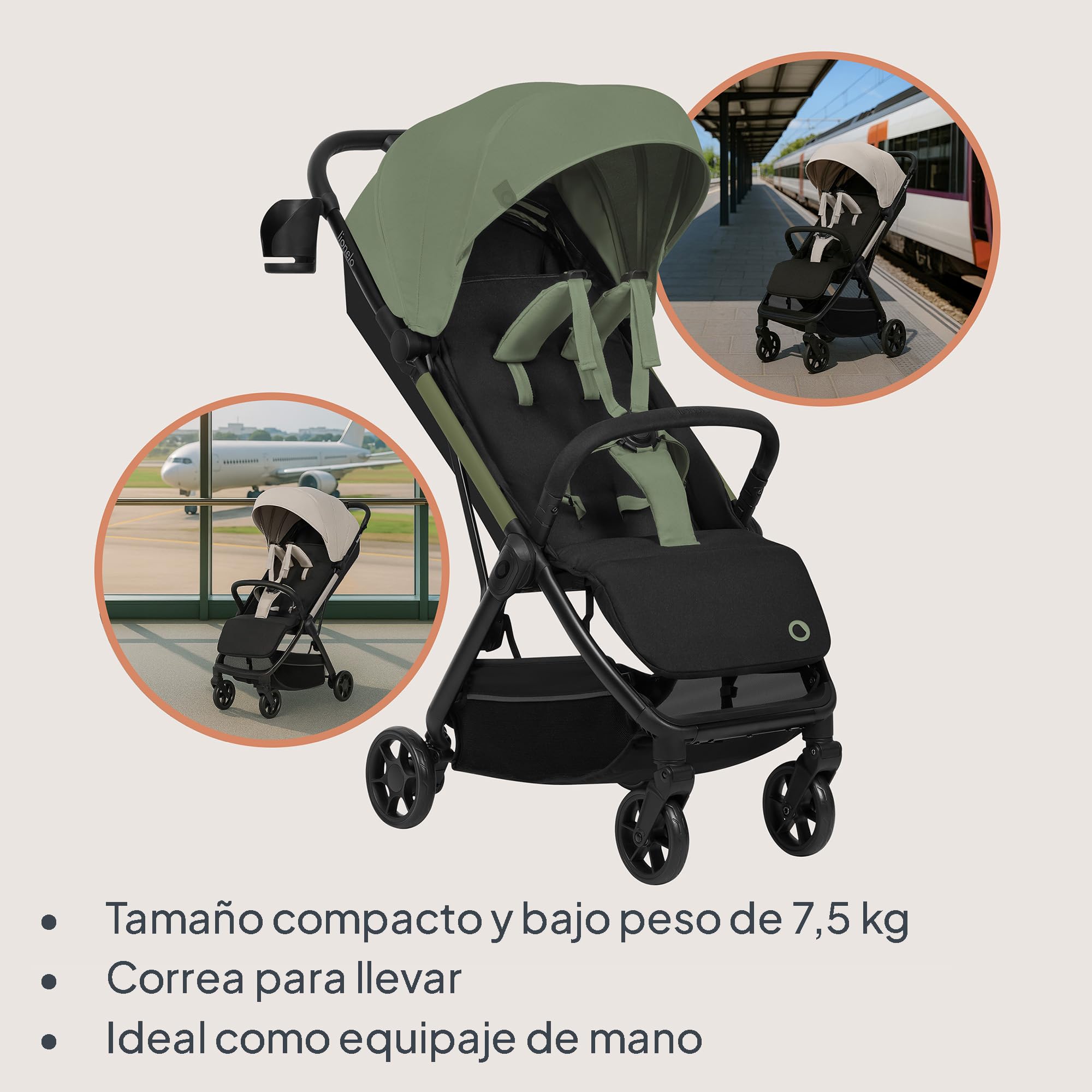 LIONELO Julie Air Carrito Bebe hasta 22 kg de 6 m a 4 años Para Avión Ruedas Giratorias 360° Suspensión Plegable con una Sola Mano Respaldo Ajustable Capota UPF50+, Ligero