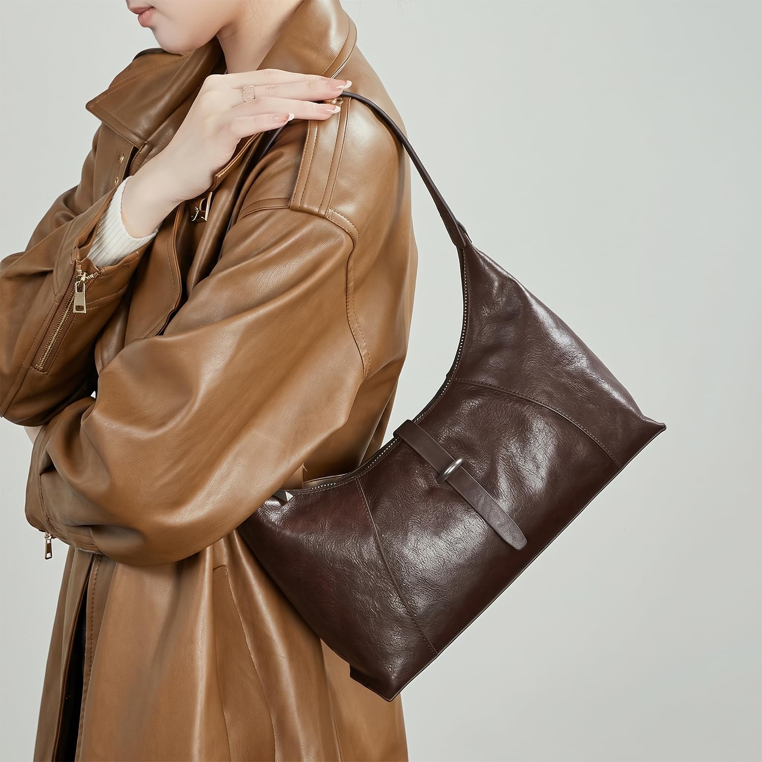 PDSSUNNY Damen Hobo Tasche aus Pflanzlich Gegerbtem Leder, Retro Schultertasche Croissant, Minimalistische Unterarmtasche Baguette, Kleine Umhängetasche Glänzend