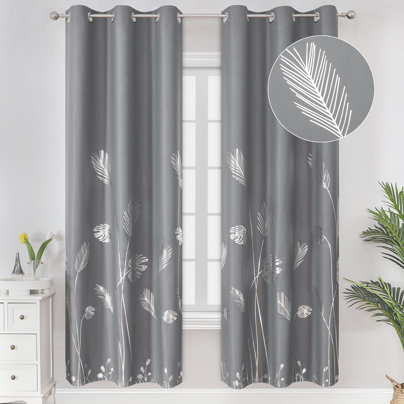 Estelar Textiler Light Blocking Curtains Silver Palm Tree Blackout Curtains Room Darkening Window Energy Saving Curtains Drapes for Bedroom, Grey, 38Wx72L, 2 Panels