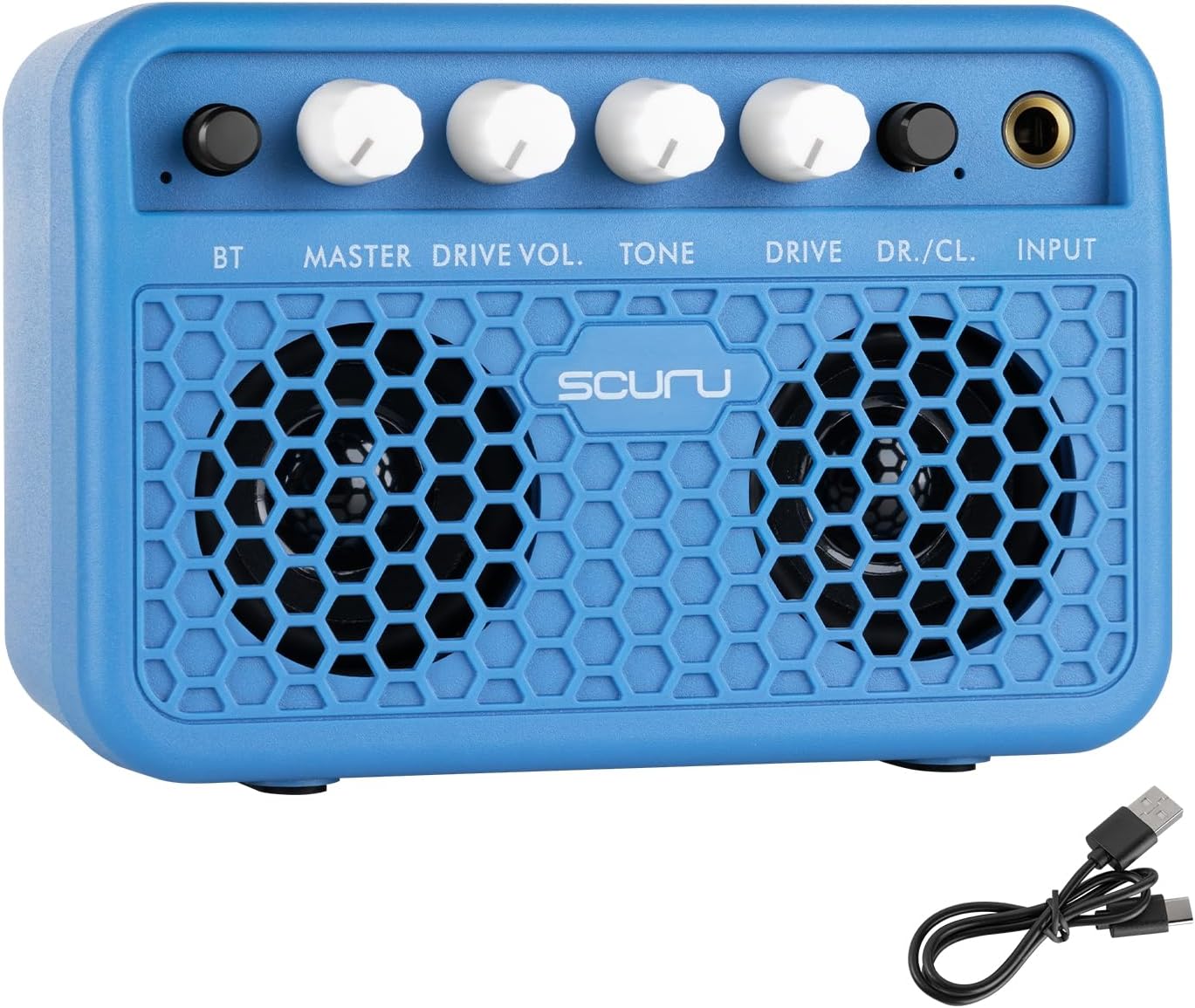 Caline Guitar Mini Amp, 5W Rechargeable Bluetooth Guitar Amplifer Combo for Desktop Practice, Dual Channel,with Headphone Jack, Blue