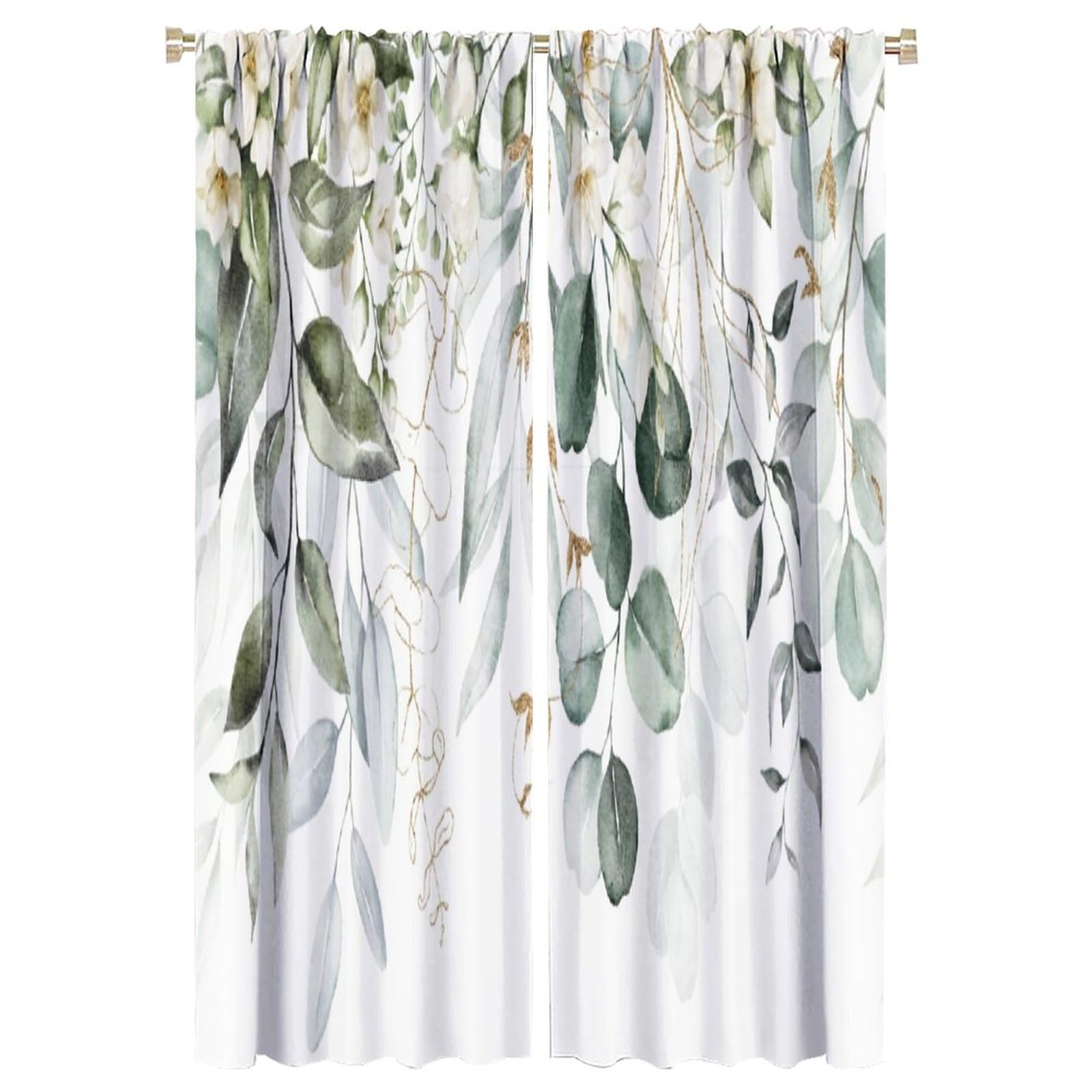 Green Eucalyptus Leave Curtains Watercolor Floral Spring Botanical Blackout Print Rod Pocket Window Drapes for Bedroom Living Room 42x63in