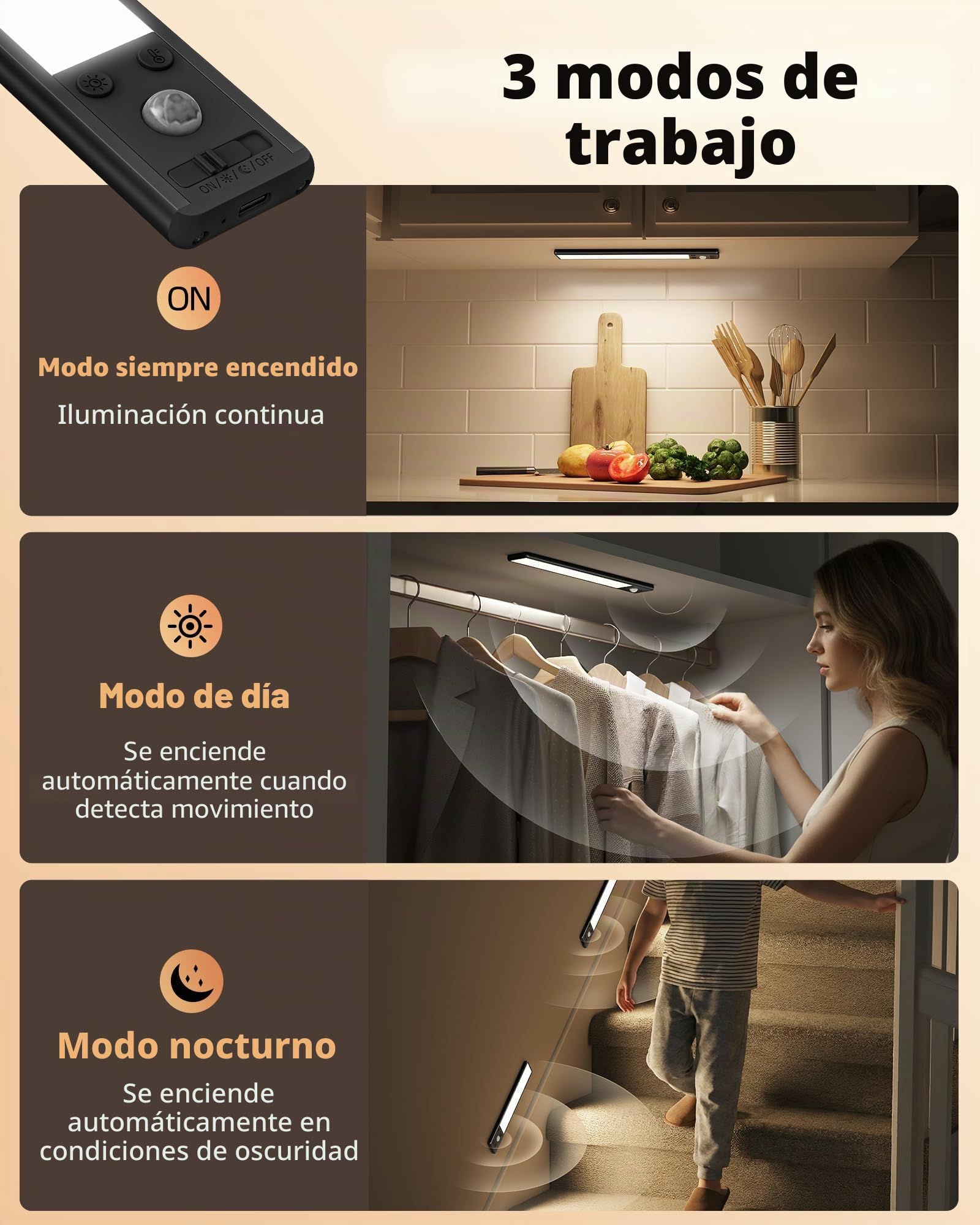EZVALO 25 cm (2 Piezas) Luz LED para Armario con Sensor de Movimiento, 3 Temperaturas de Color, 1900 mAh Recargable, Luces LED Magnéticas para Bajo Mueble de Cocina, Dormitorio y Pasillo (Negro)