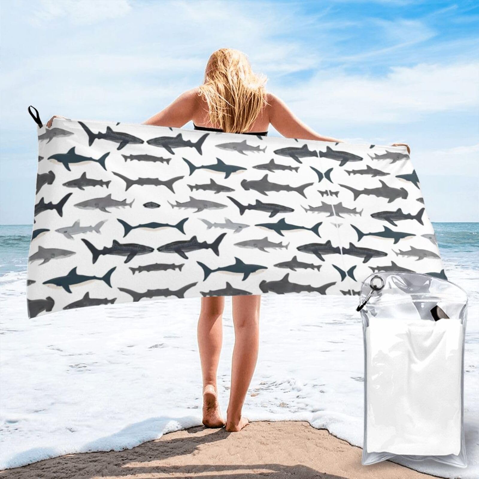 WYCZHY Fish And Shark Print Beach Towel Soft Quick Dry For Spa Pool Gym Vacation Travelers Women Men Adults Sauna Gift