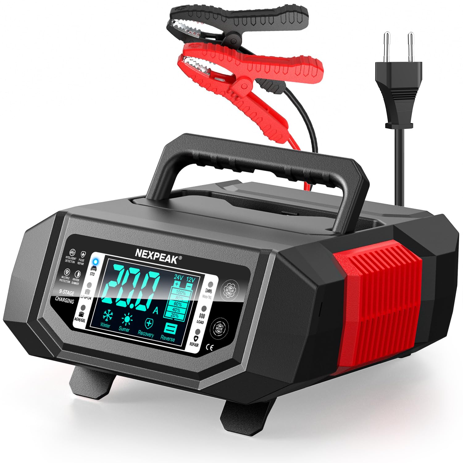 NEXPEAK 1-20A Autobatterie Ladegerät, Erhaltungsladegerät, Batterie Ladegerät Auto 12V 24V LiFePO4 Blei-Säure, intelligentes Batterieladegerät mit einstellbarem Strom für Auto, LKW, Rasenmäher, Boot
