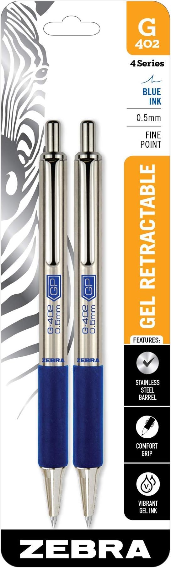 STEEL G-402 Retractable Gel Pens - 0.5mm Fine Point - Smooth Blue Ink - Rapid Dry Ink for No Smears or Smudges - Refillable Stainless Steel Writing Pens for Office, School - 2 Pack (49922)