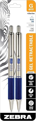 Zebra Pen G-402 Bolígrafo de gel retráctil, barril de acero inoxidable, punta fina, 0.020in, tinta azul, paquete de 2