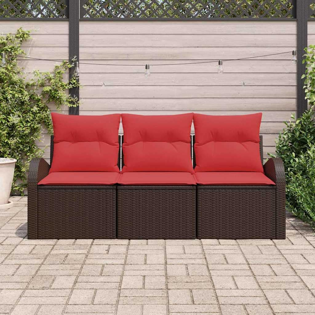 Ensemble de Canapé de Jardin 3 Pièces en Poly Rotin Marron et Rouge, Salon de Jardin Modulable avec Rangement, Mobilier d'Extérieur pour Terrasse et Patio