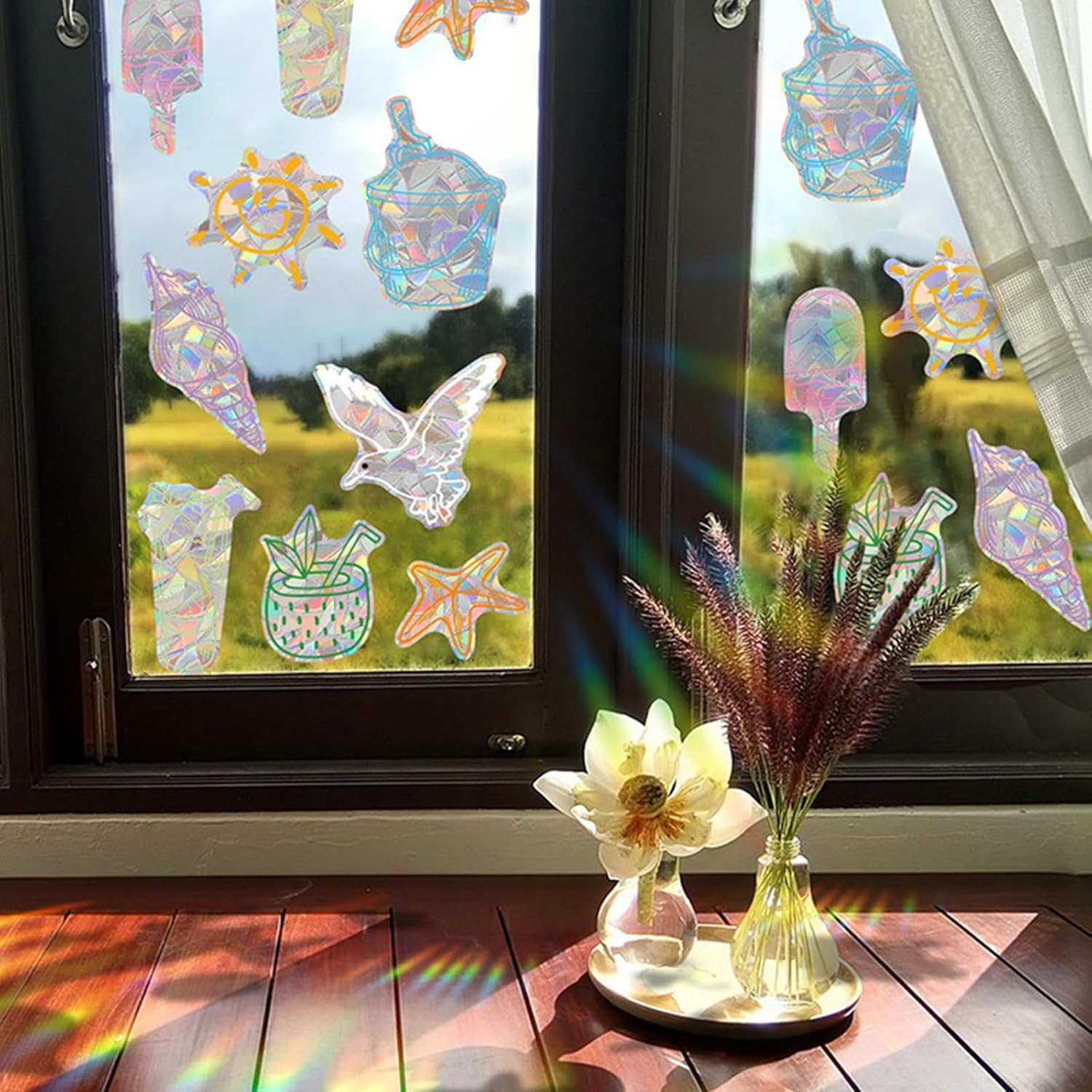 3pcs Flowers Suncatchers Stickers for Glass Window Stickers Shiny Rainbow Prism Window Clings for Bird Strikes Charming Daisy Window Decals for Bird Strikes Prism Reusable (Flowers)