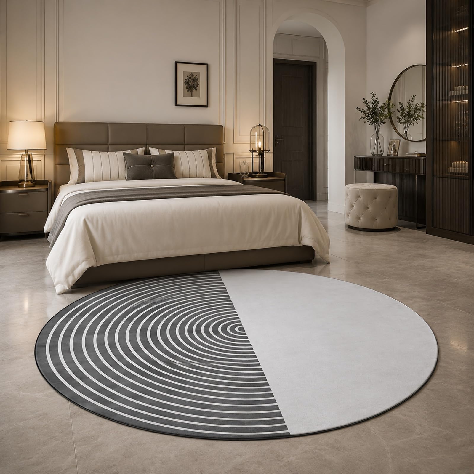 Tapis rond moderne gris et blanc crée un coin lecture cosy dans la chambre