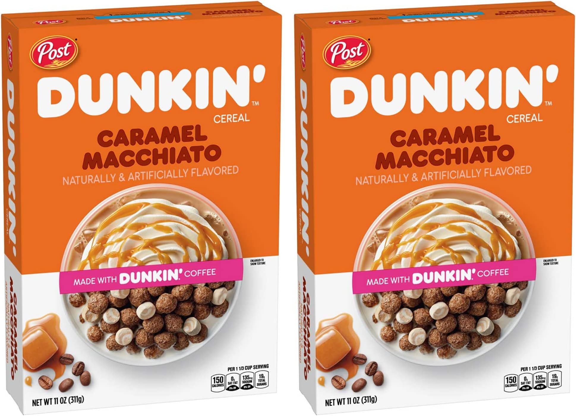 Cold Breakfast Cereal, Dunkin Caramel Macchiato Flavored Cereal, Made with Dunkin Coffee, Brought to Life with Crunchy Cereal Pieces and Caramel Swirled Marshmallows for 2 Packs of 11 Oz