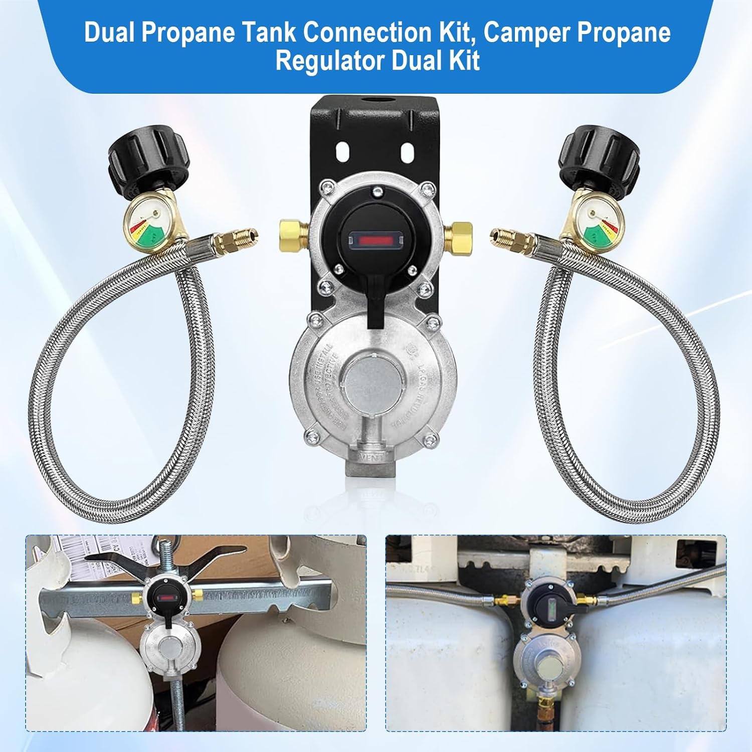 Rv Propane Regulator 2 Tank Hoses, LP Gas Regulator 2-Stage Auto Changeover Kit, Dual Tank Hoses with Propane Tank Gauge, Two-Cylinder Connection Setup for Camper & Trailer Gas Systems.