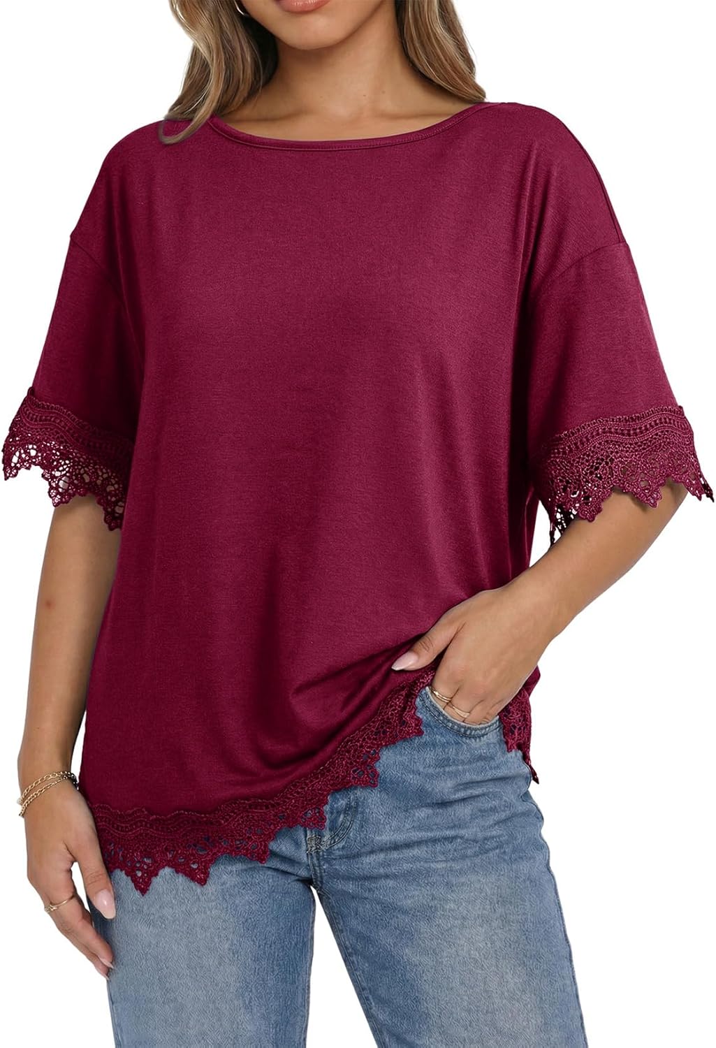 Dokotoo Womens Summer Tops 2026 Oversized Short Sleeve Shirts Casual Loose Lace Patchwork Tshirt Fashion Outfits - Image 4