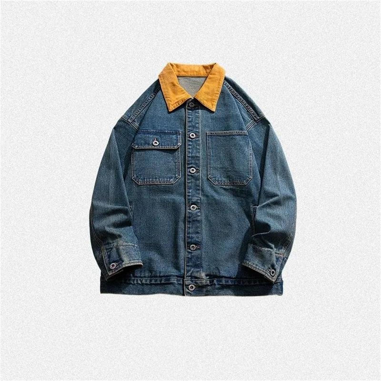 Tendencia Callejera Retro para Hombre Moda Versátil Bloqueo De Color Clásico Botón De Solapa Chaqueta Vaquera Primavera Y Otoño Chaqueta Informal Suelta Al Aire Libre
